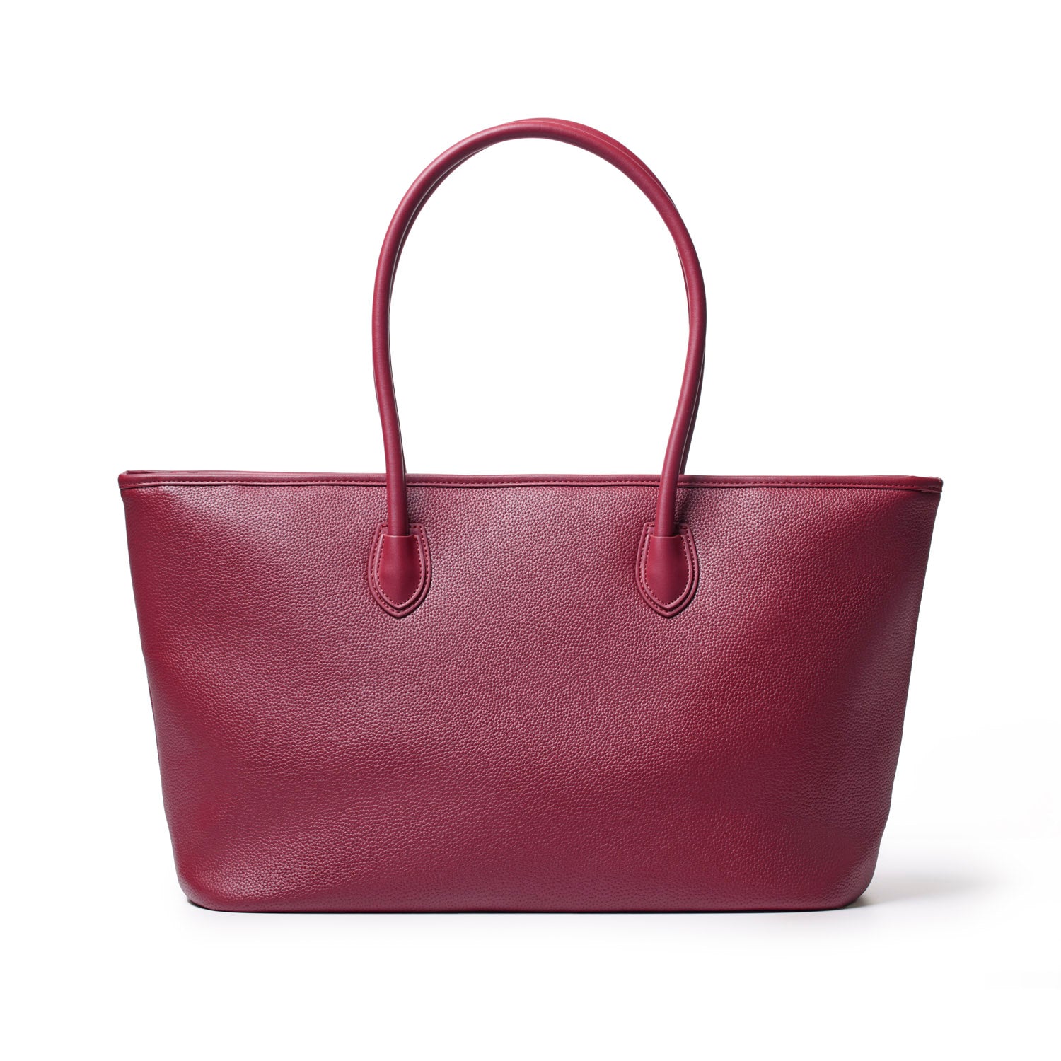 Burgundy pebble tote bag with smooth handles, perfect for stylish everyday use and versatile storage.