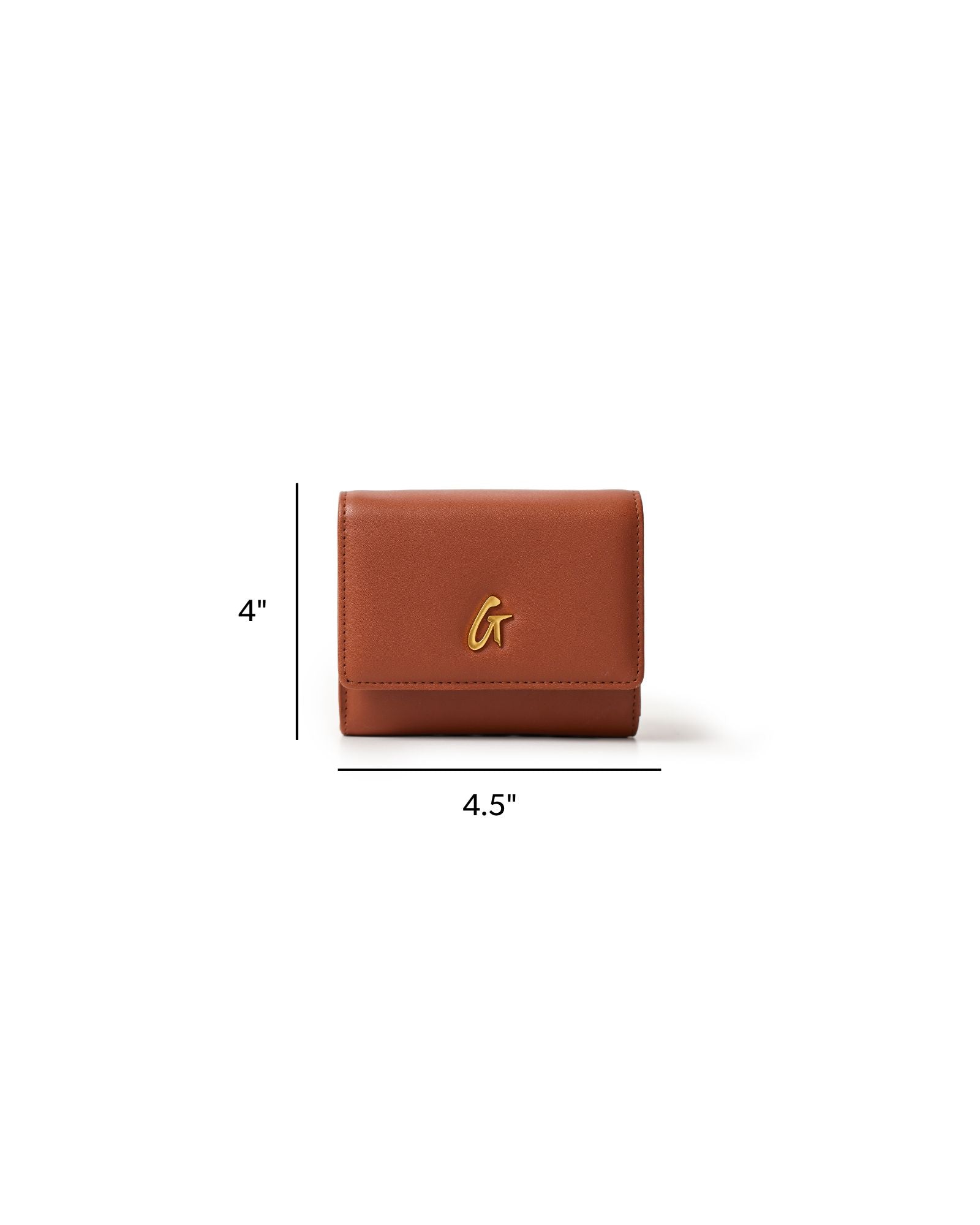 Brown compact wallet on chain with gold logo, measuring 4 inches by 4.5 inches, ideal for stylish, affordable luxury.