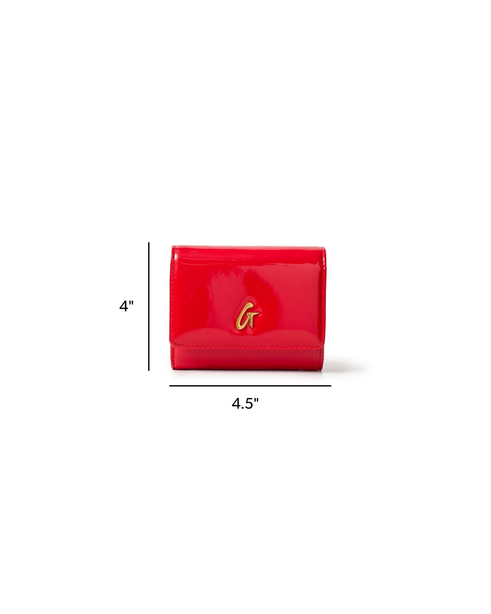 Compact wallet in mirror red with gold logo, measuring 4 inches by 4.5 inches, perfect for stylish organization.