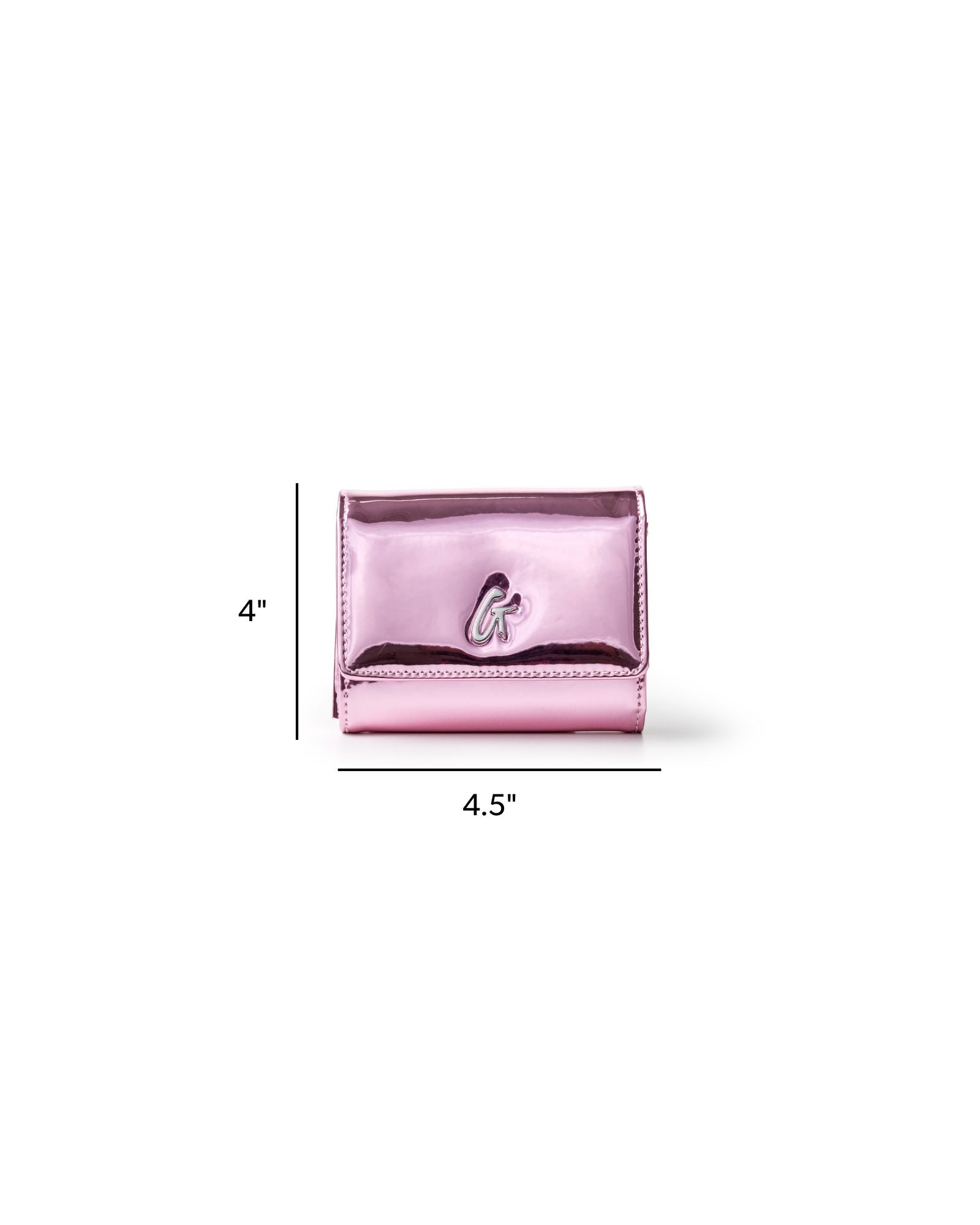 Metallic pink compact wallet on a white background, featuring a sleek design and logo detail. Perfect for stylish organization.