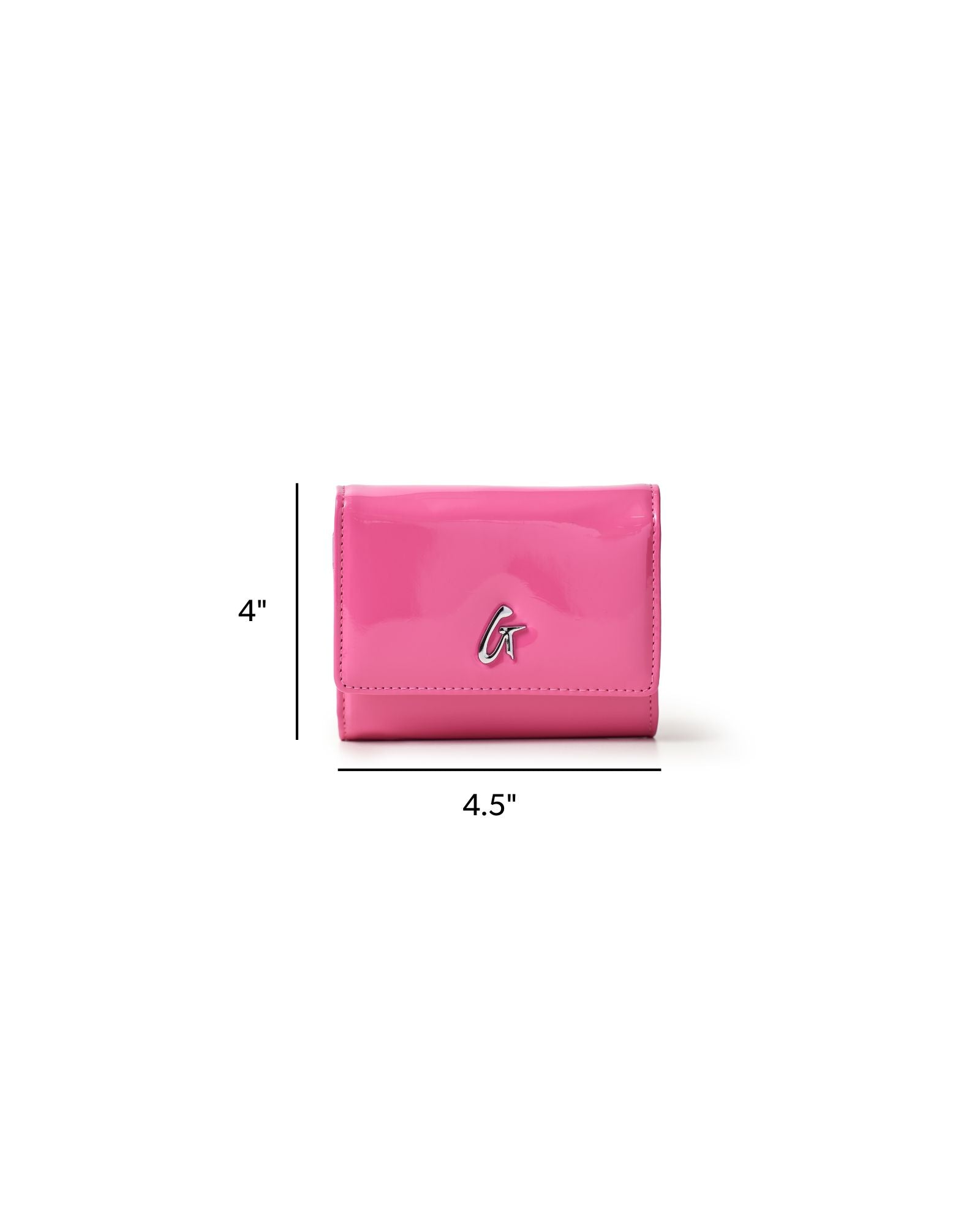 Hot pink compact wallet with a shiny finish, featuring a silver logo, measuring 4 by 4.5 inches. Perfect for stylish organization.