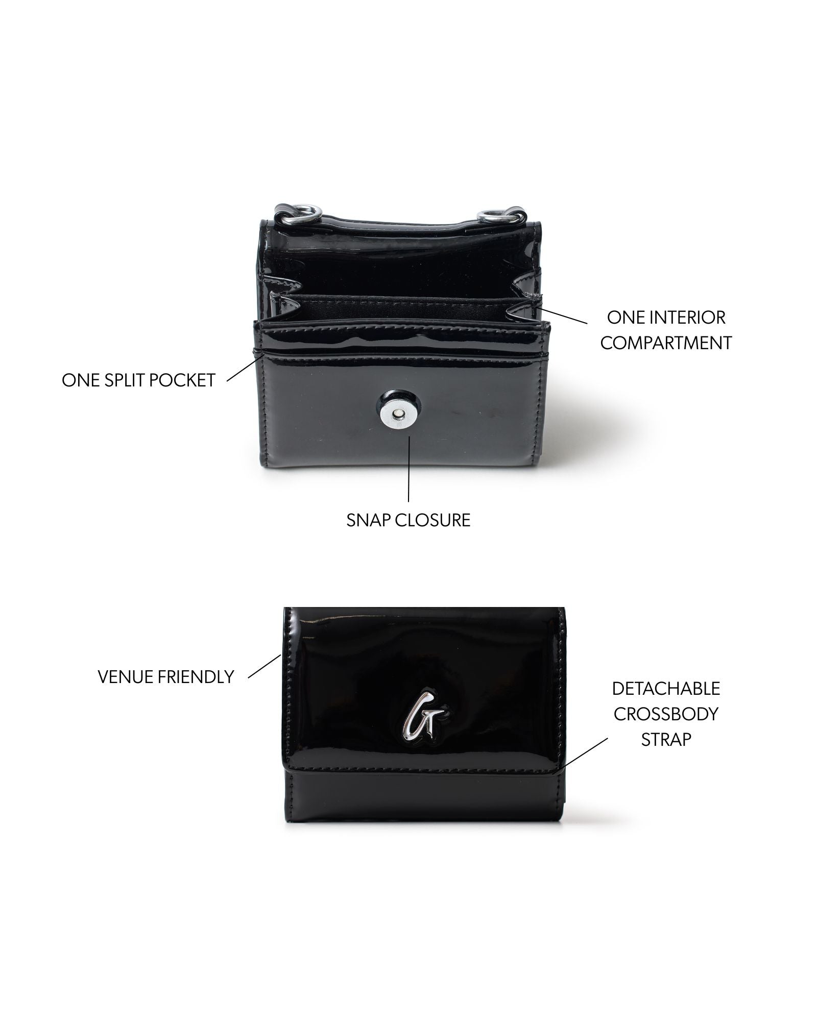 Compact silver wallet on a black background featuring a snap closure, one interior compartment, and a detachable crossbody strap.