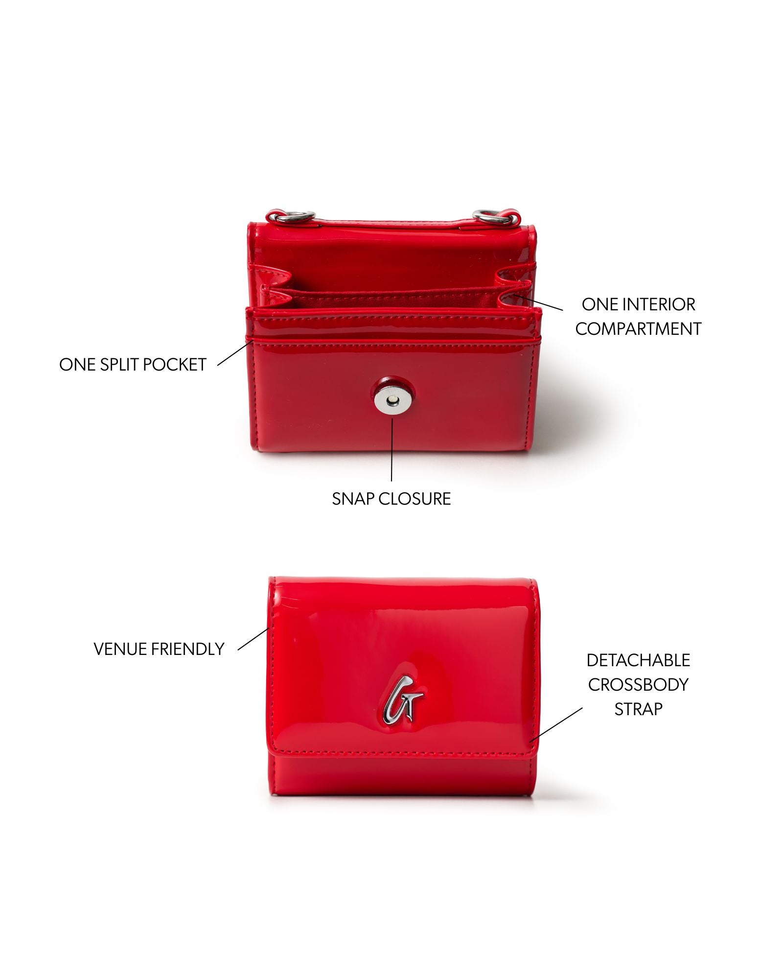 Compact silver wallet on a red background featuring one interior compartment, a snap closure, and a detachable crossbody strap.