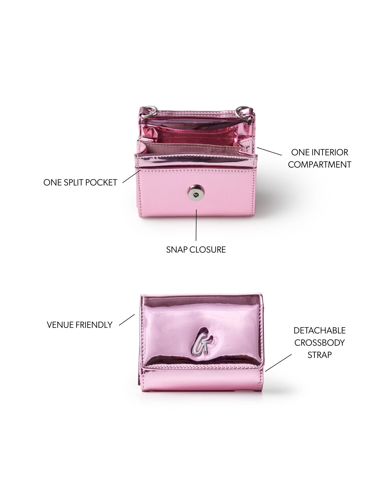 Metallic pink compact wallet on chain with snap closure, split pocket, and detachable crossbody strap.
