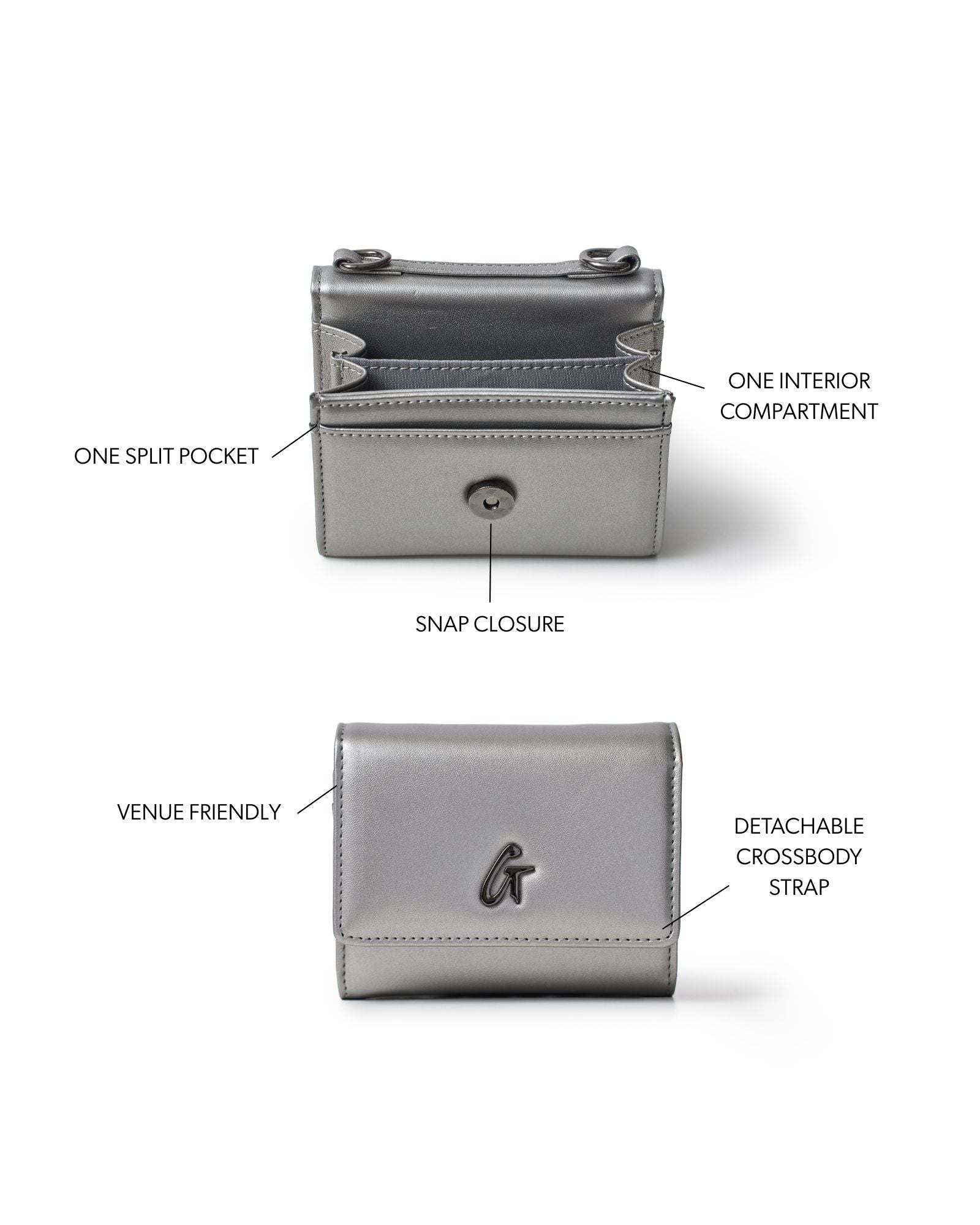 Gunmetal compact wallet on chain in platinum with snap closure, split pocket, and detachable crossbody strap.