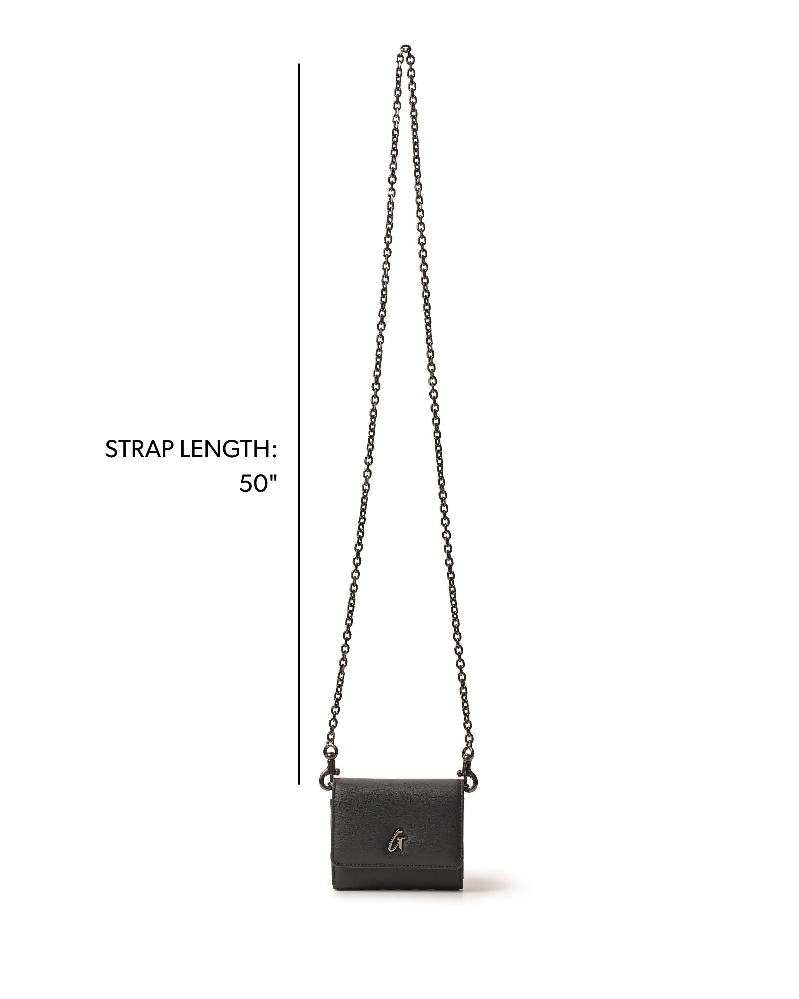Compact black wallet on a chain with a gunmetal finish, featuring a 50-inch strap for versatile wear.