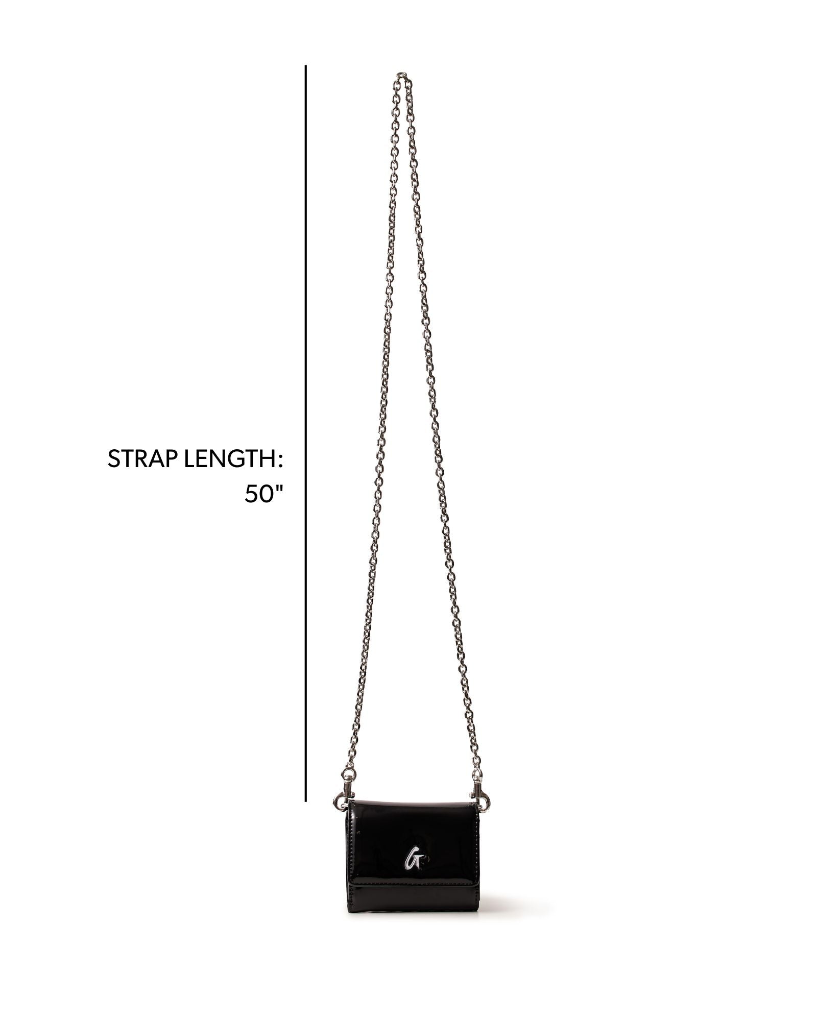 Compact silver wallet on a chain in mirror black with a 50-inch strap, perfect for stylish, hands-free convenience.
