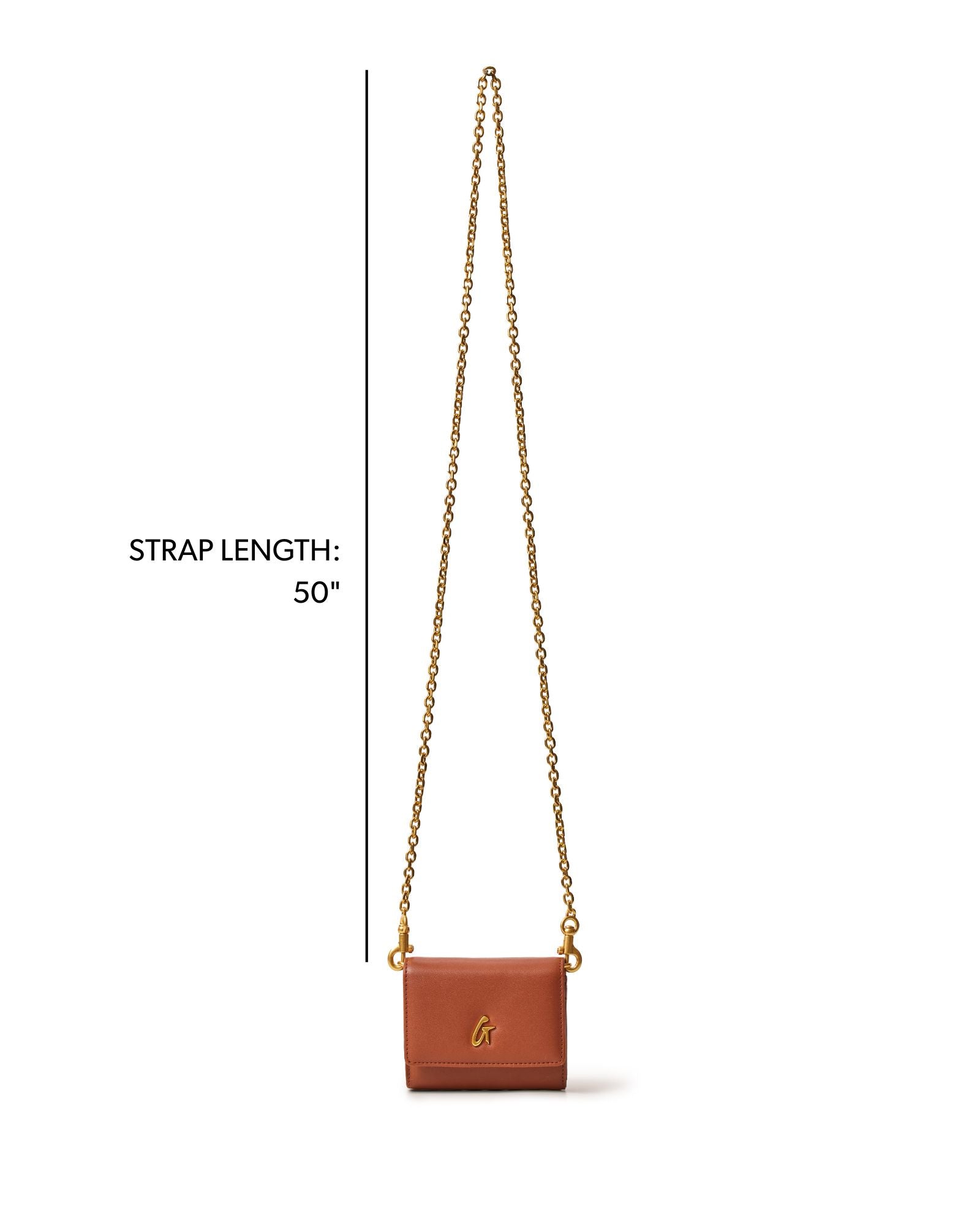 Brown compact wallet on a chain with a 50-inch strap, featuring a gold logo accent for a stylish touch.
