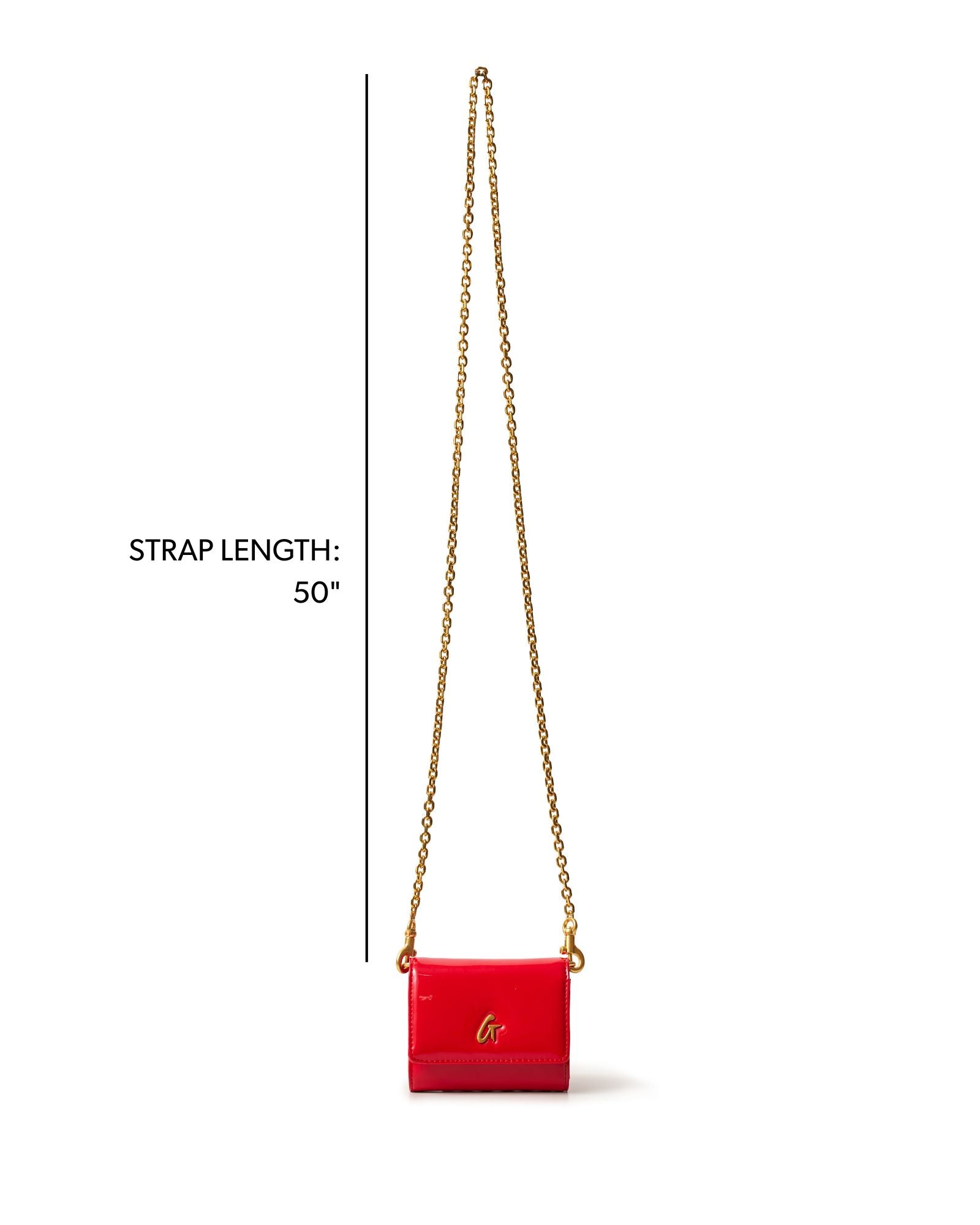 Compact gold wallet on a chain in mirror red with a 50-inch strap, perfect for stylish, on-the-go convenience.
