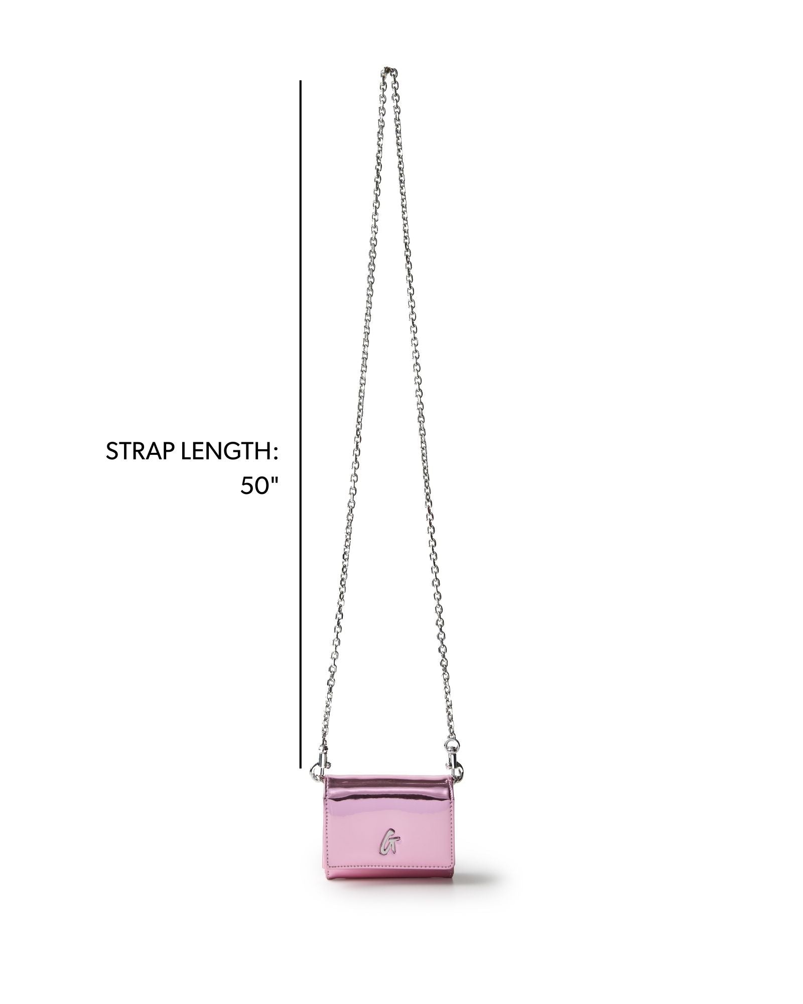Metallic pink compact wallet on a chain with a 50-inch strap, perfect for stylish, hands-free convenience.