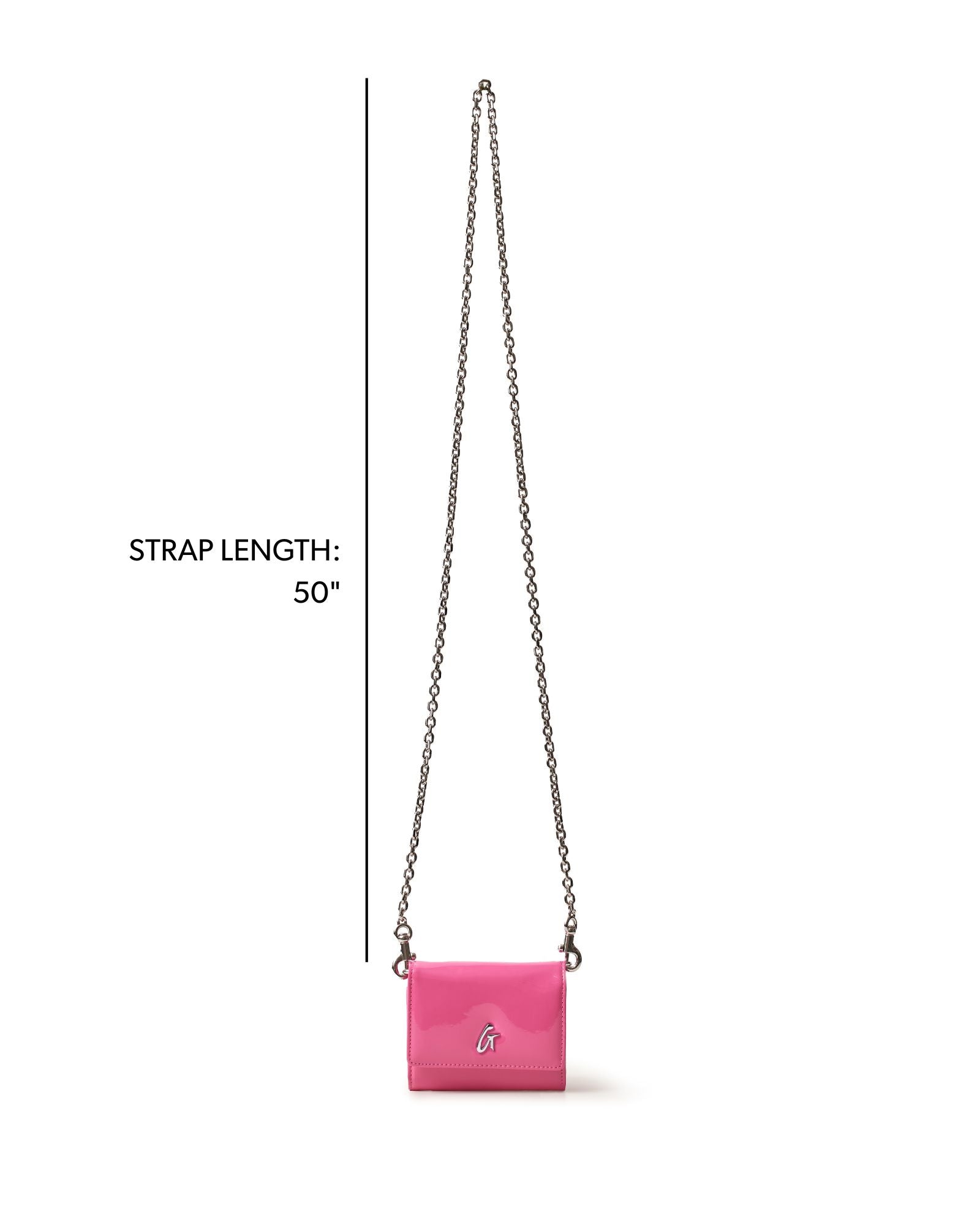 Hot pink compact wallet on a chain with a silver logo, featuring a 50-inch strap for versatile styling.