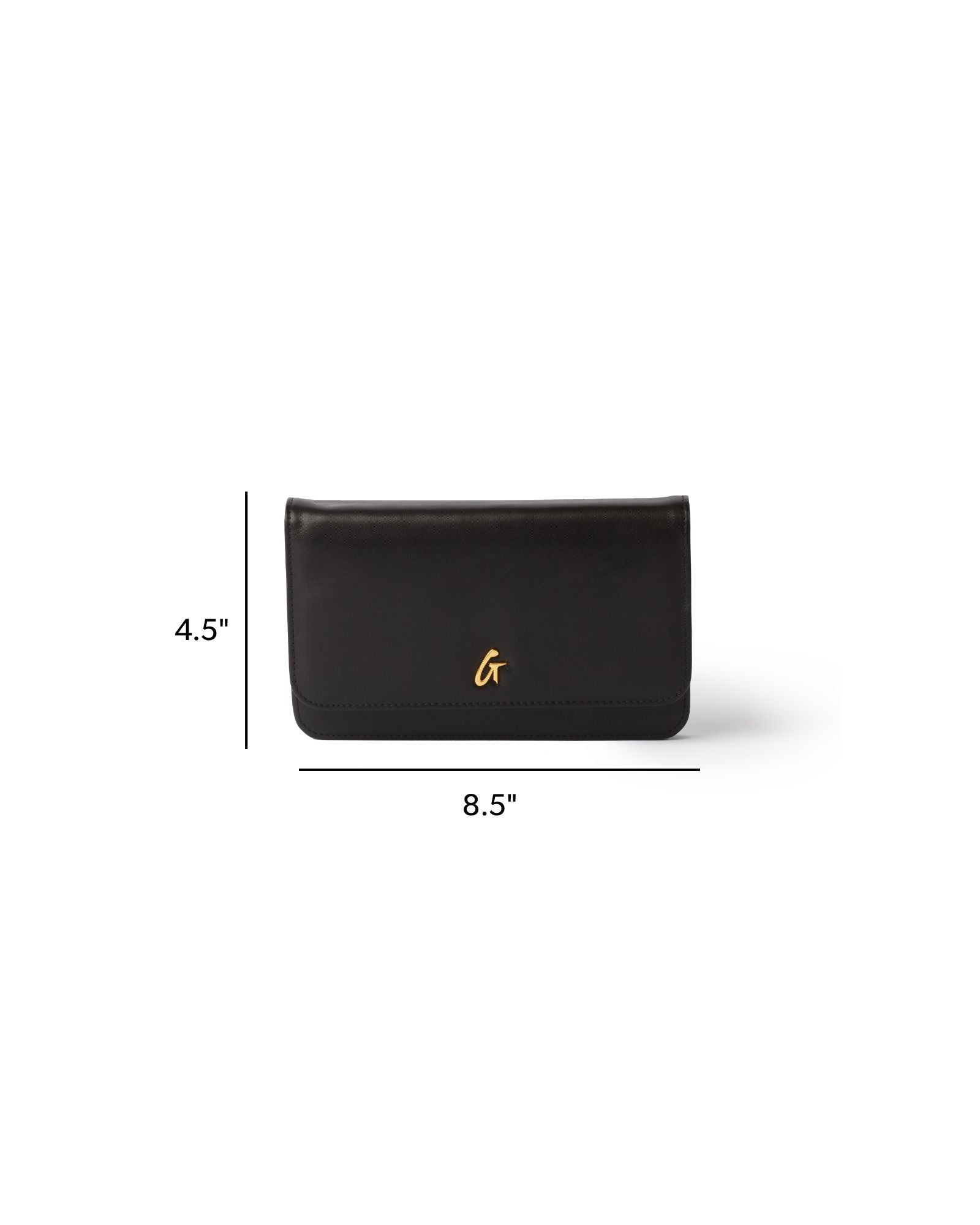 Elegant black wallet on a white background, featuring a gold logo and dimensions of 8.5 by 4.5 inches.