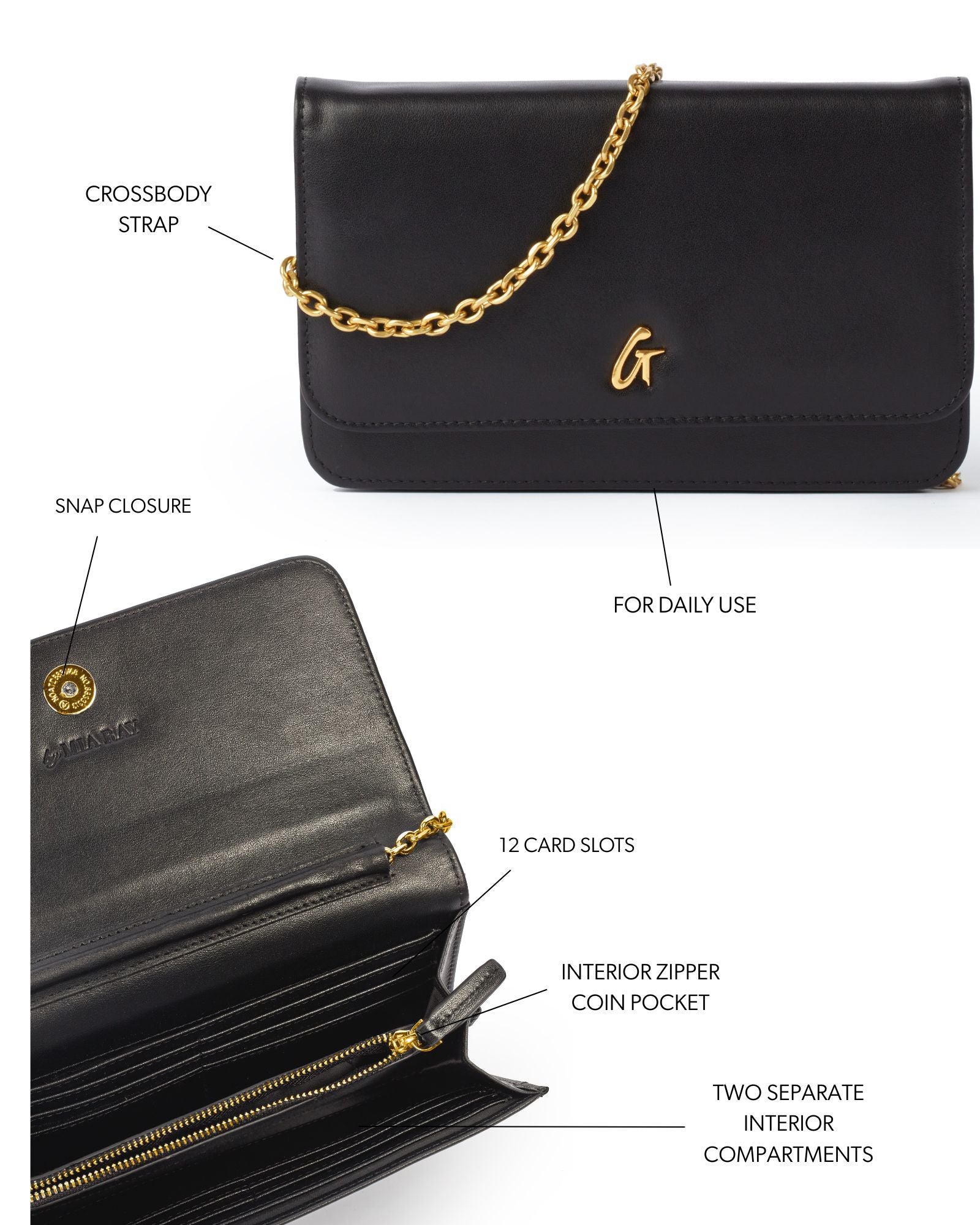 Black Standard Wallet on Chain-Gold | Genuine Leather Crossbody