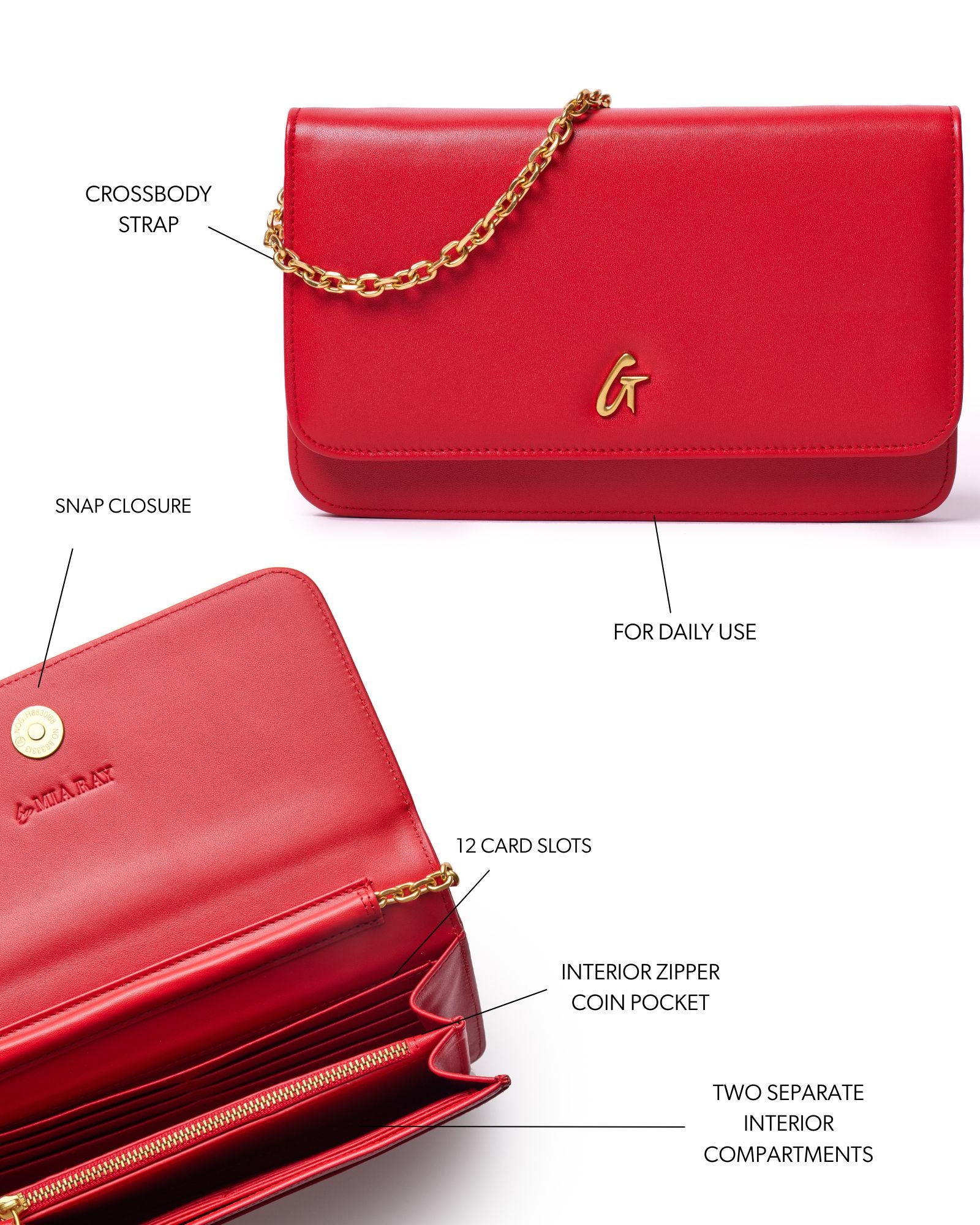 Red STANDARD GOLD WOC handbag featuring a crossbody strap, snap closure, 12 card slots, and two interior compartments.