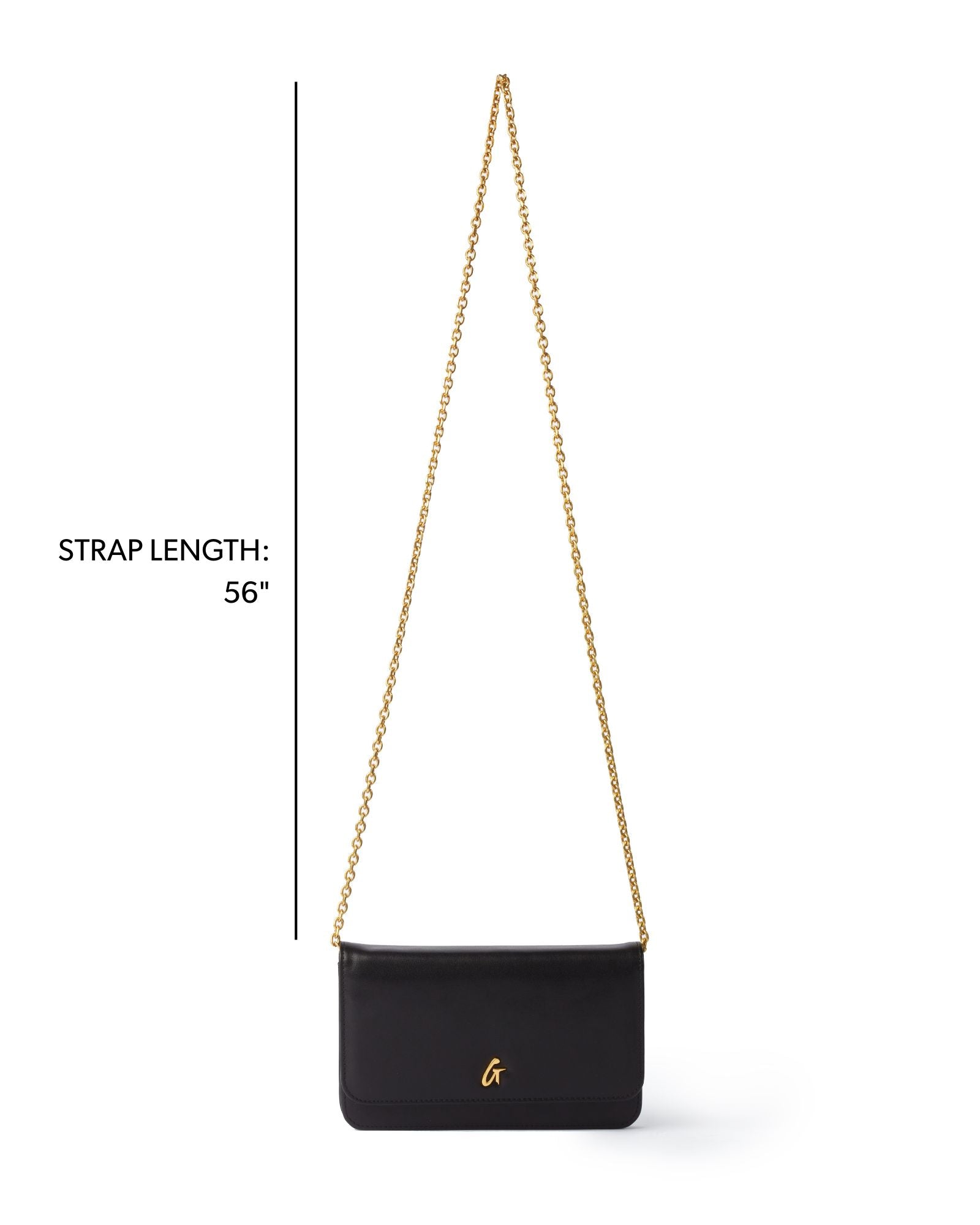 Elegant black wallet on chain with a gold chain strap measuring 56 inches, perfect for stylish, affordable luxury.