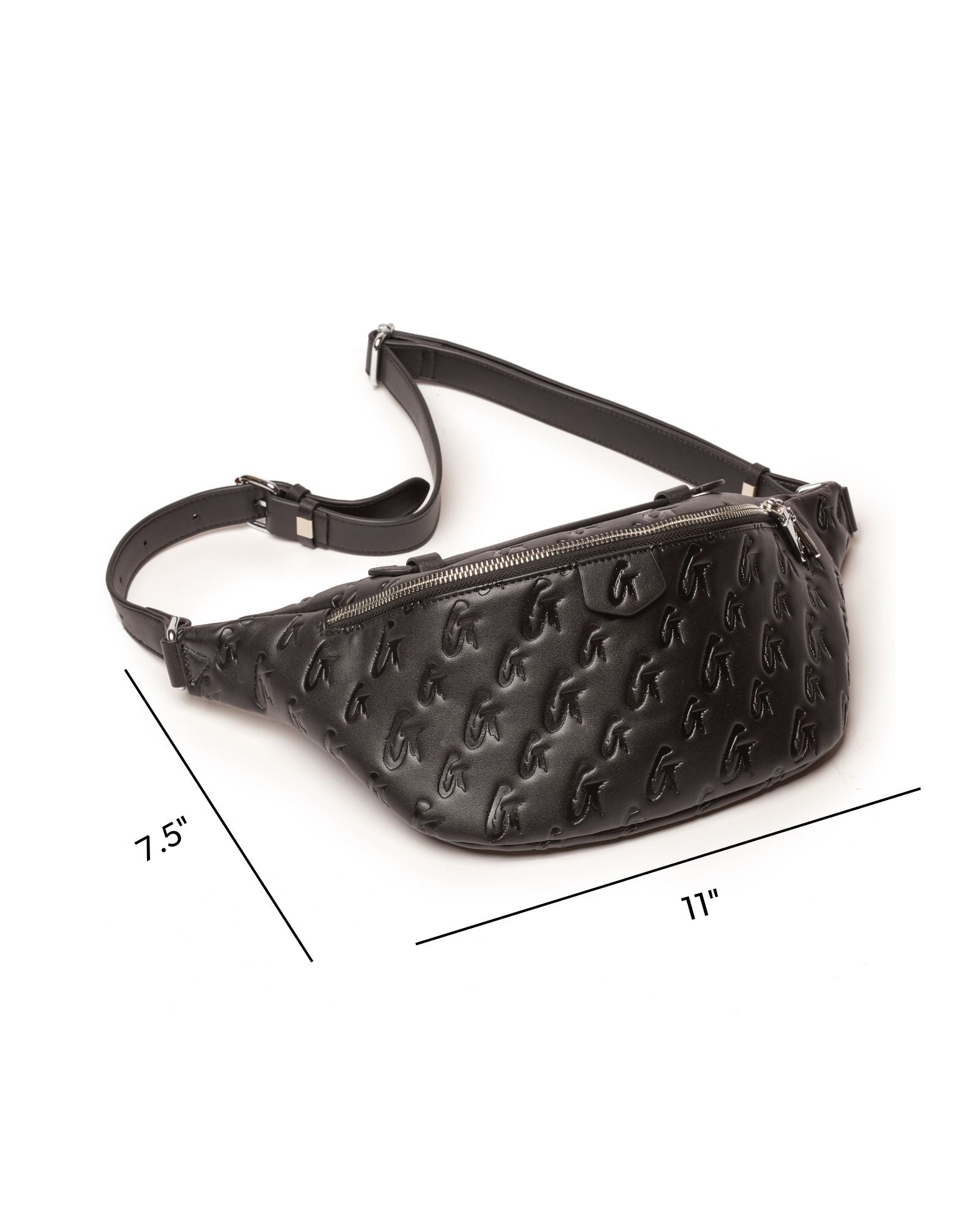 Black monogram fanny pack with adjustable strap and zippered closure, measuring 11 inches wide and 7.5 inches high.