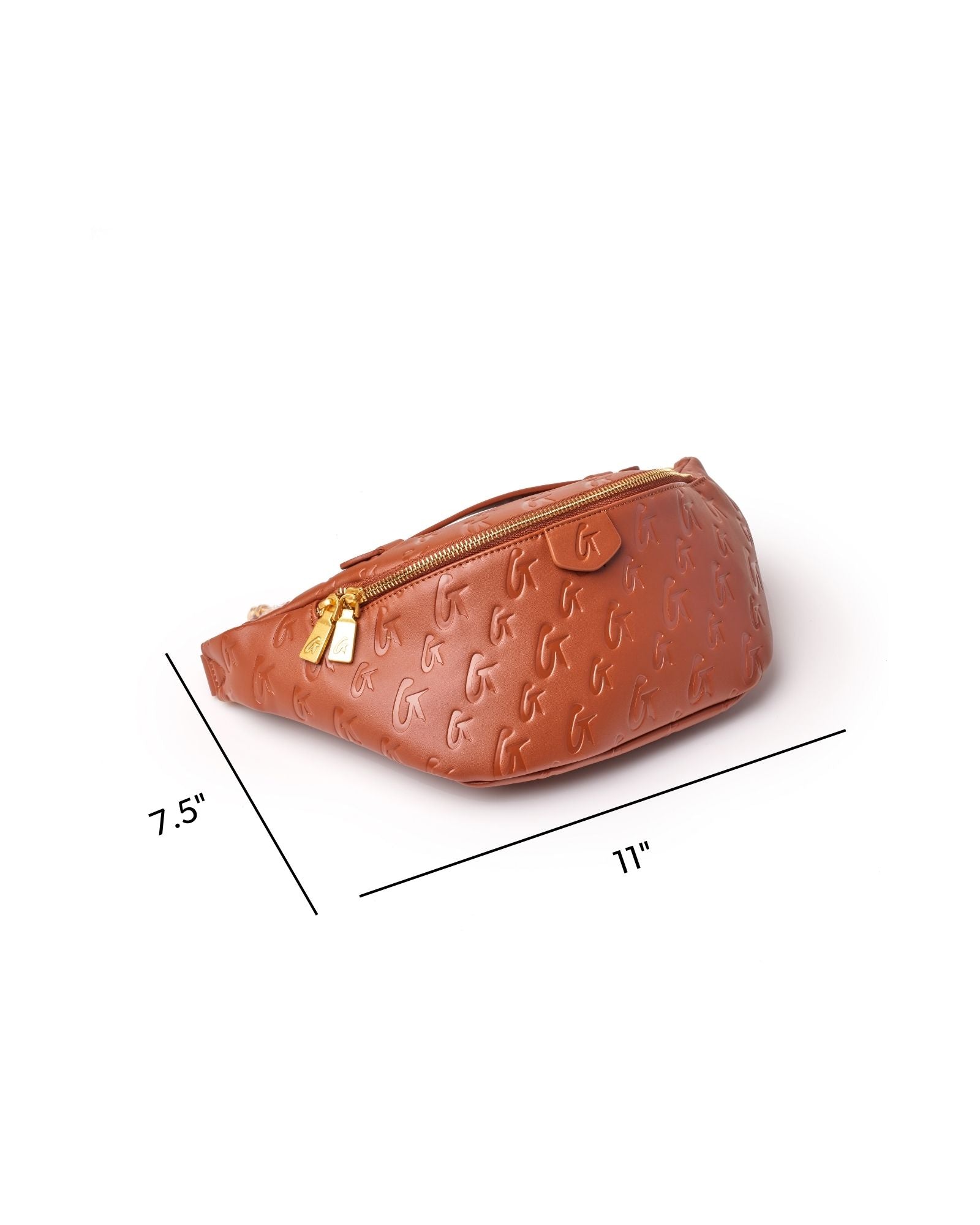 Brown monogram fanny pack with embossed logo, featuring a zip closure and adjustable strap for a stylish, hands-free option.