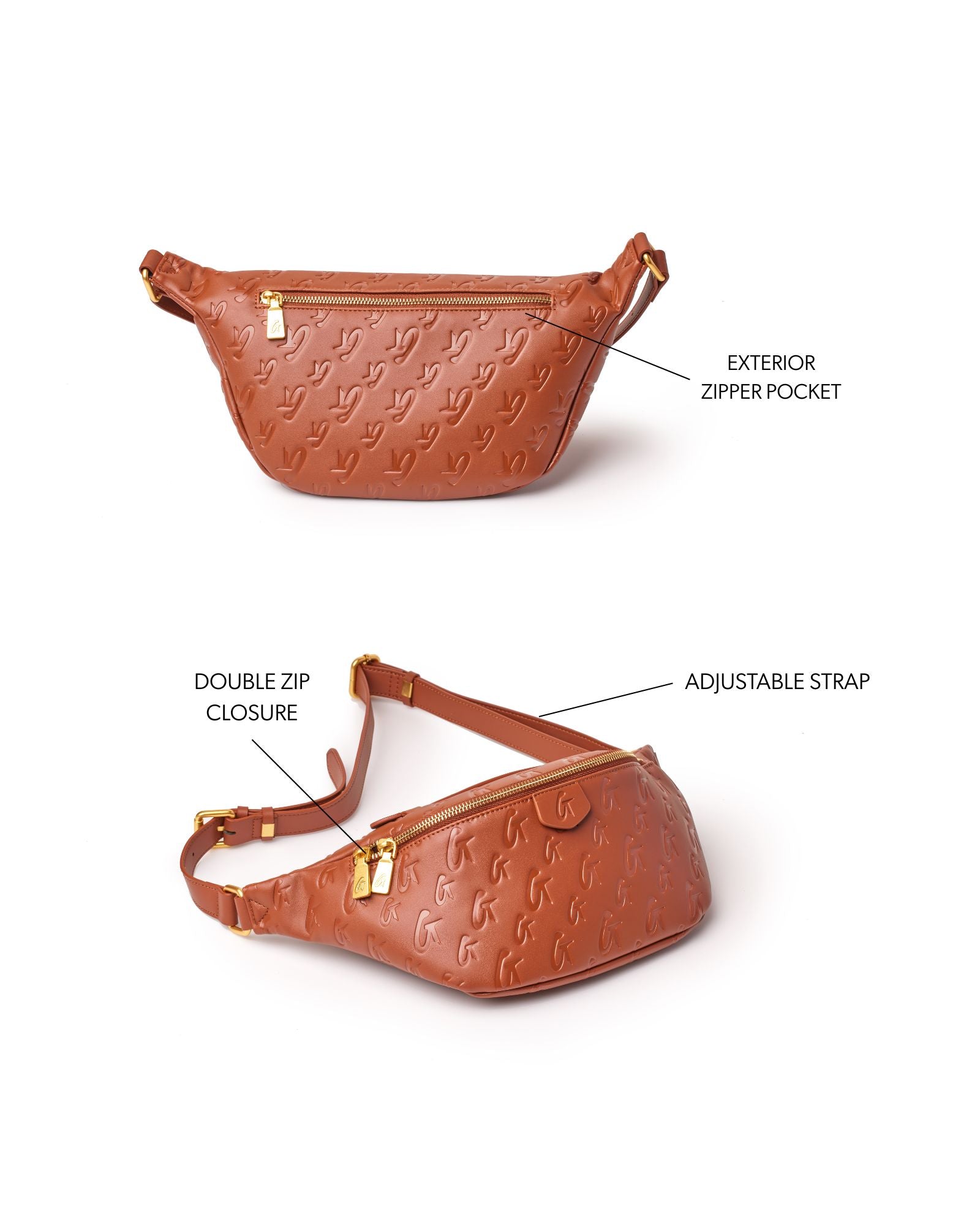 Brown monogram fanny pack featuring an exterior zipper pocket, double zip closure, and adjustable strap for versatility.