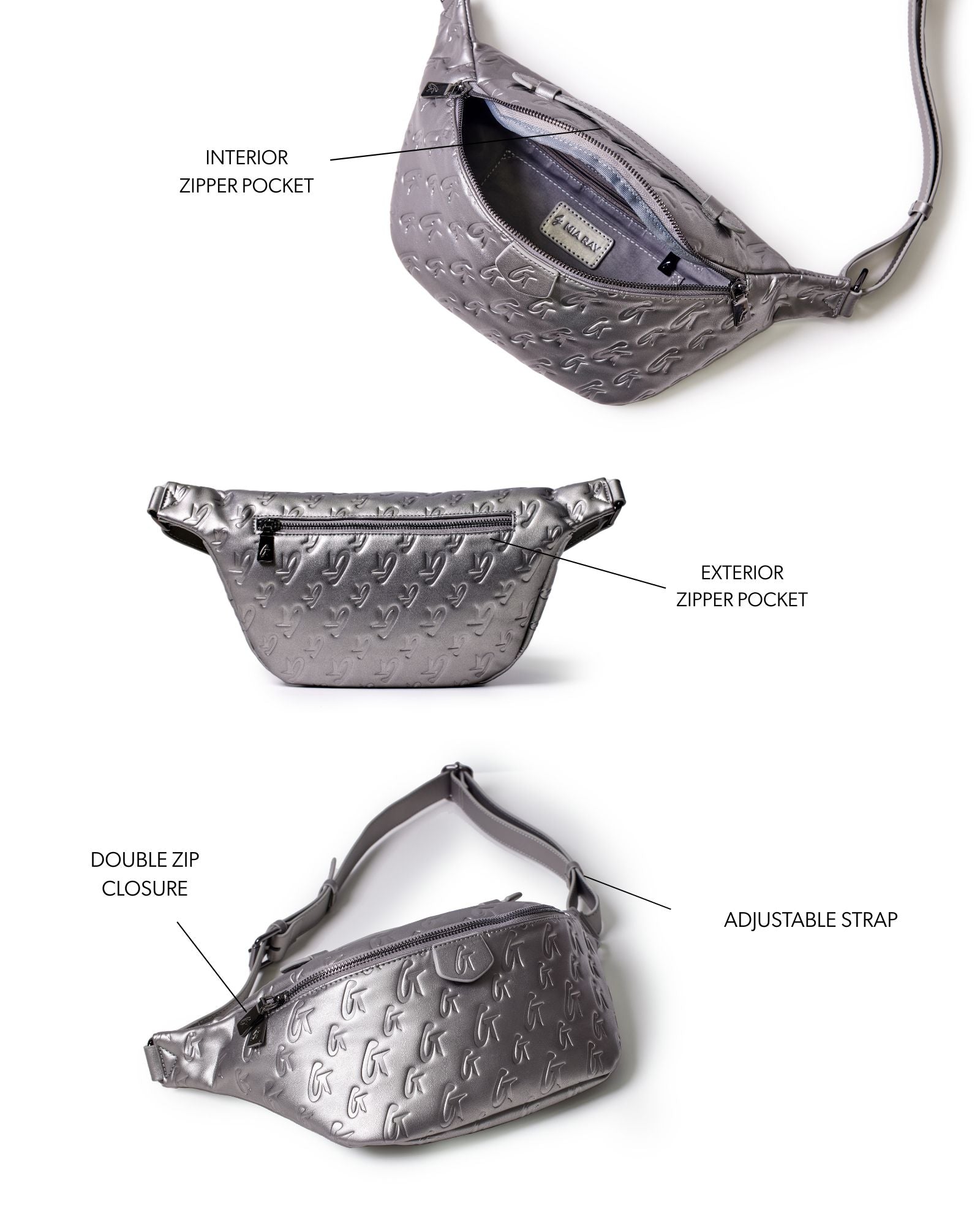 Platinum monogram fanny pack featuring exterior and interior zipper pockets, double zip closure, and adjustable strap.