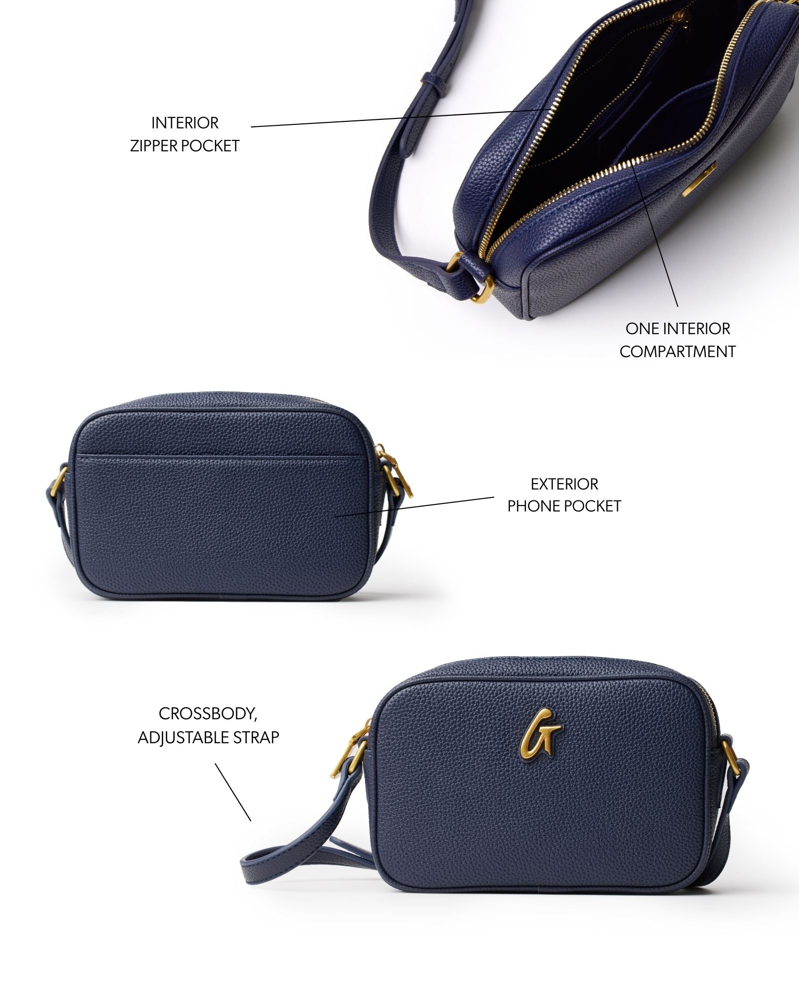 PEBBLE CAMERA BAG NAVY: Vegan Leather Crossbody with Gold Hardware