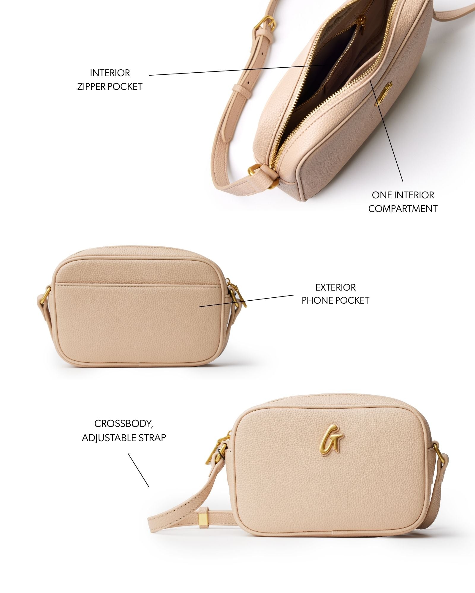 PEBBLE CAMERA BAG NUDE - Vegan Leather Crossbody Bag with Gold