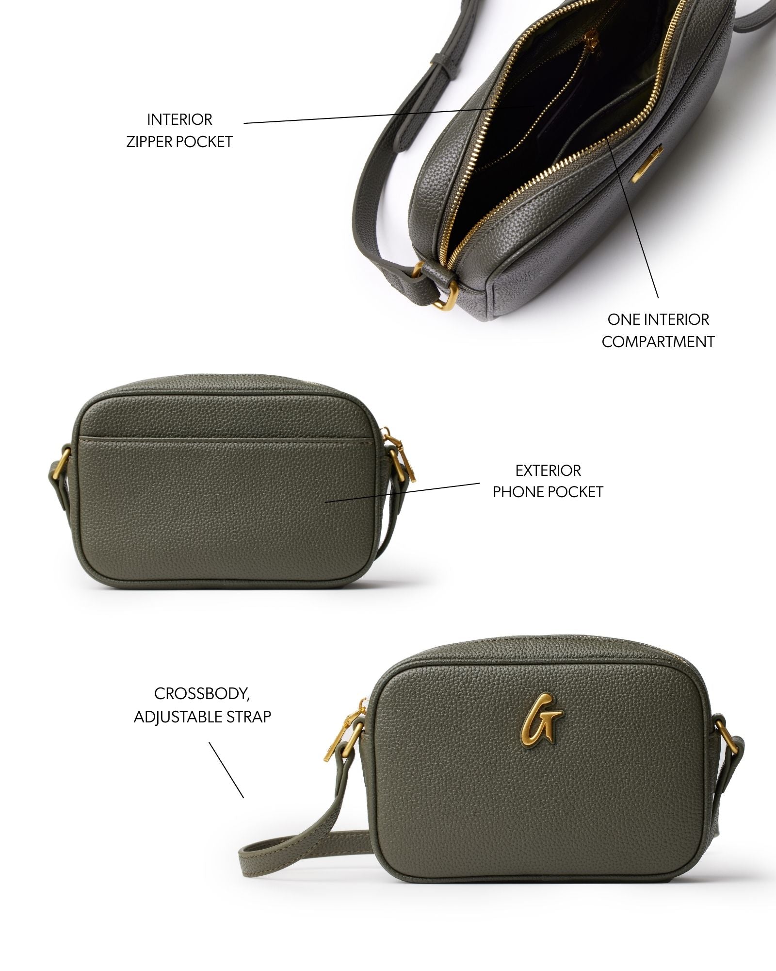 Affordable Luxury Olive Green Pebble Camera Bag with Gold Hardware