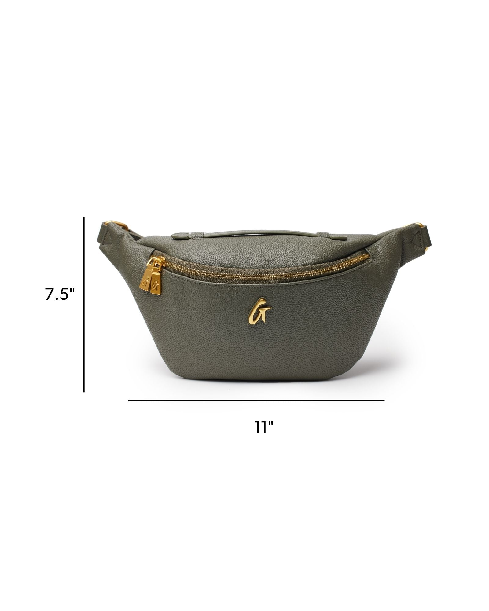 Olive green pebble fanny pack with gold zipper and logo, measuring 11 inches wide and 7.5 inches high.