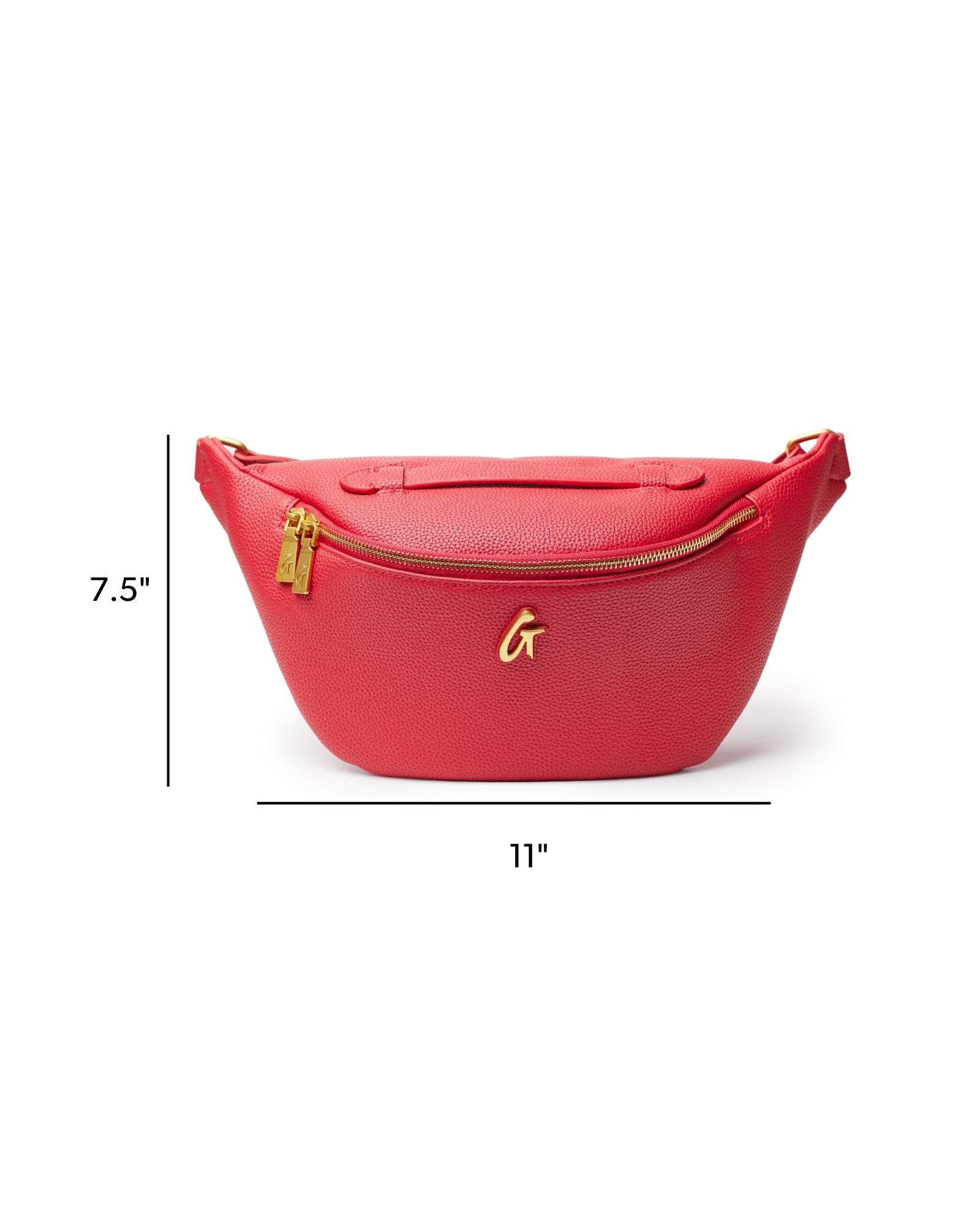 Red pebble fanny pack with gold zipper and logo, measuring 11 inches wide and 7.5 inches high.