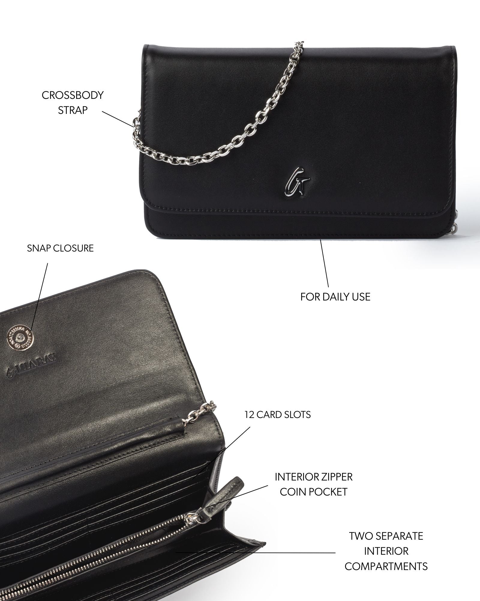 Elegant black wallet on a chain with a silver crossbody strap, featuring 12 card slots and a zippered coin pocket.