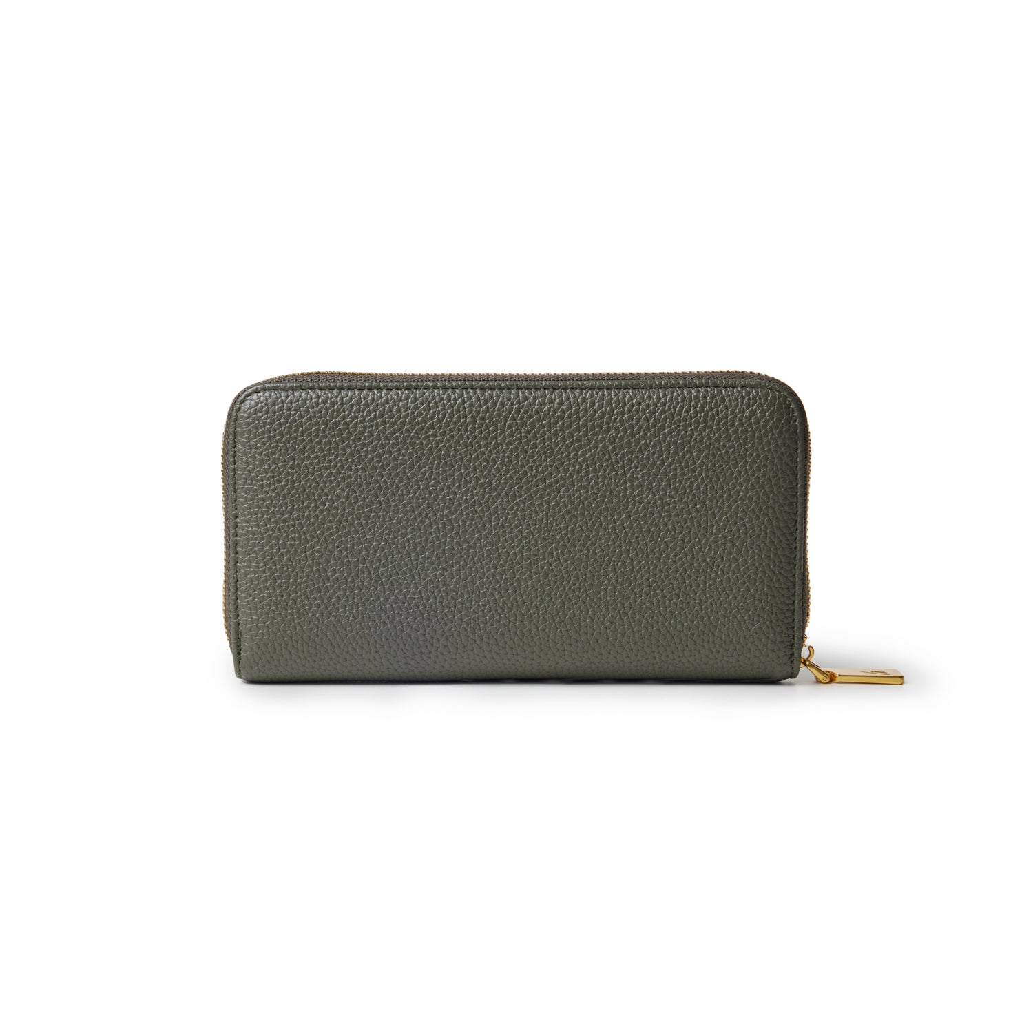 Olive green pebble leather wallet with a gold zipper and pull tab, rectangular shape, and textured surface.