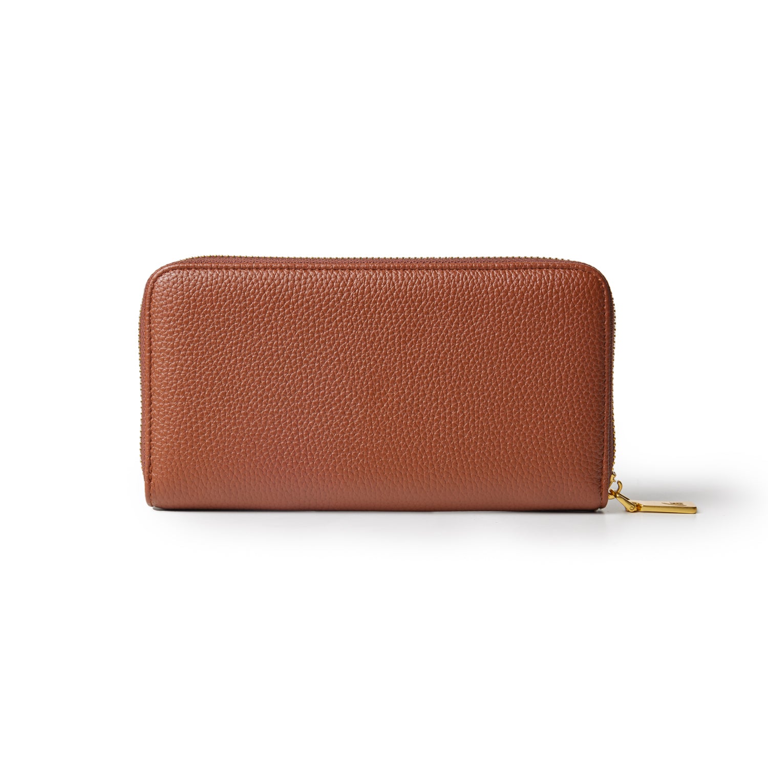 Brown pebble-textured wallet with a gold zipper and pull tab, designed for stylish organization.
