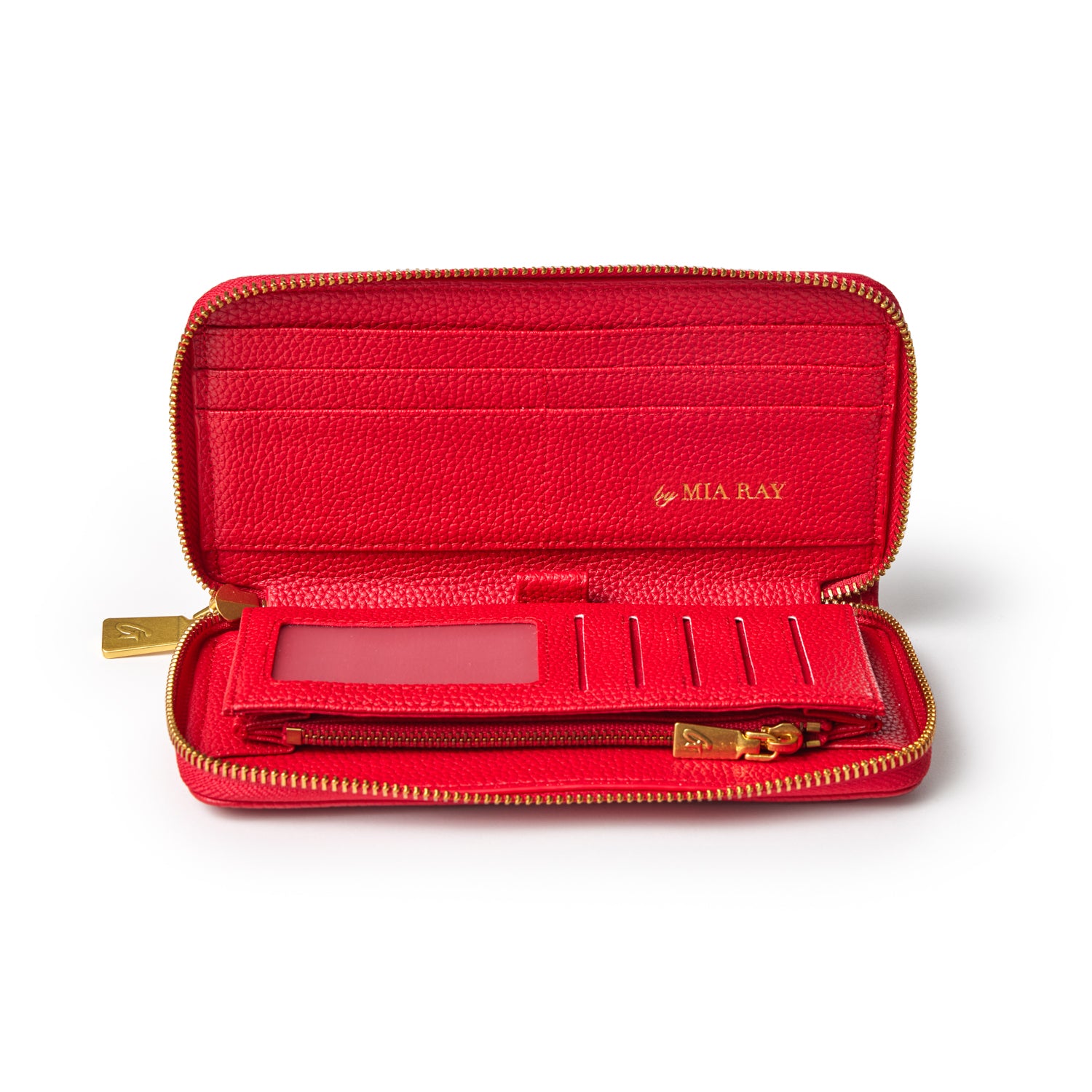 Red pebble leather wallet with multiple card slots, a clear ID window, and gold zipper, open to show interior details.