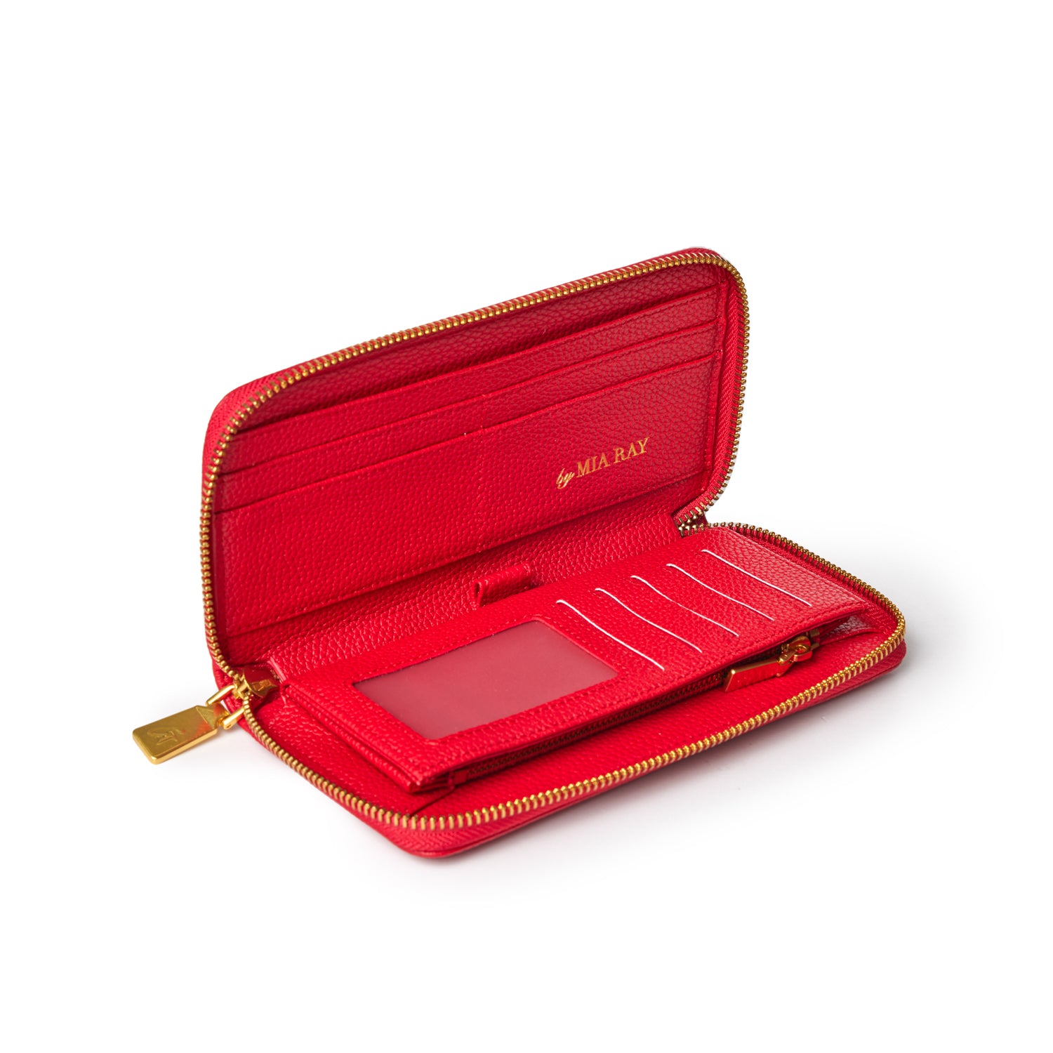 Red pebble leather wallet with multiple card slots, a clear ID window, and gold zipper, open to show interior details.