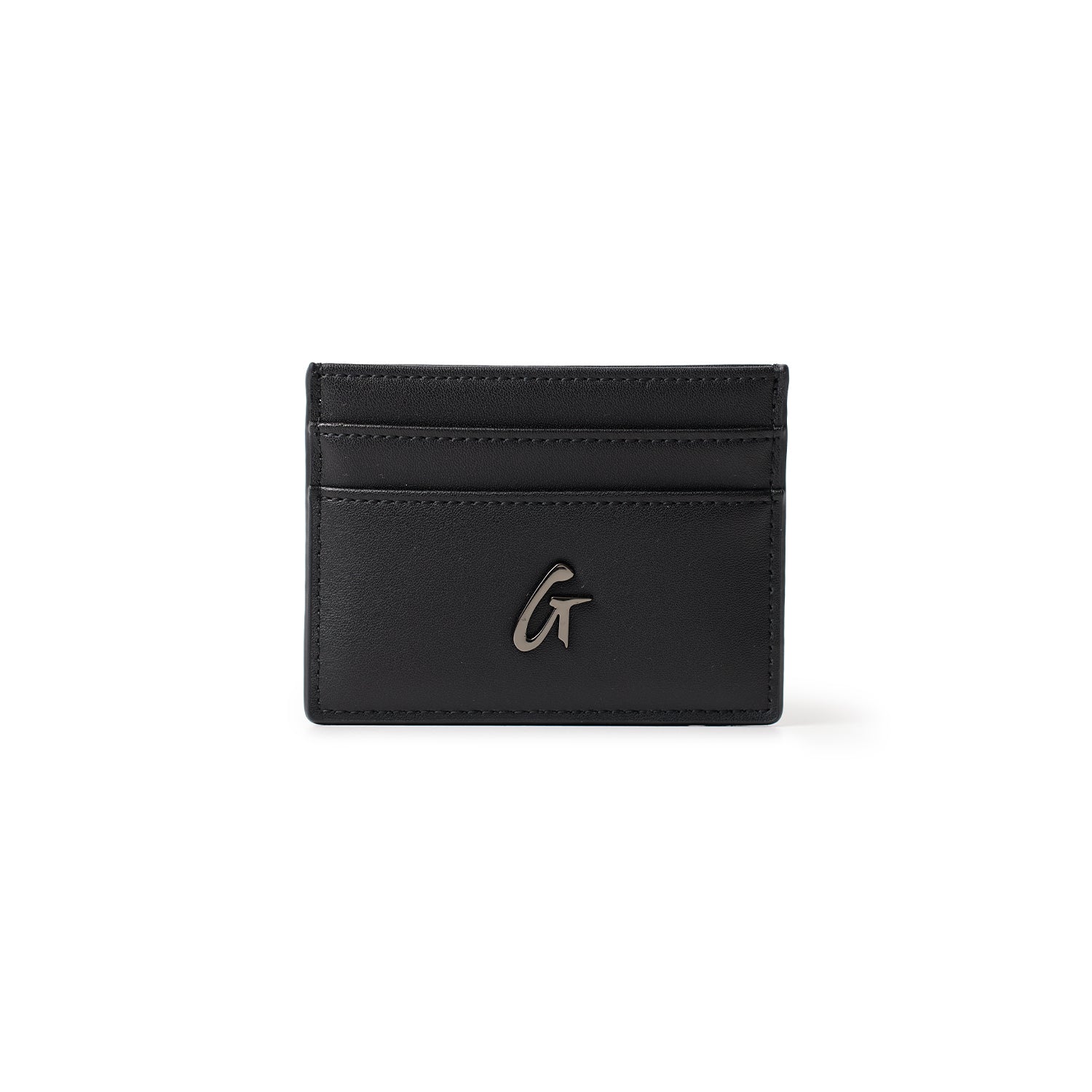 Black gunmetal card holder with three card slots and a metallic "G" logo on the front.