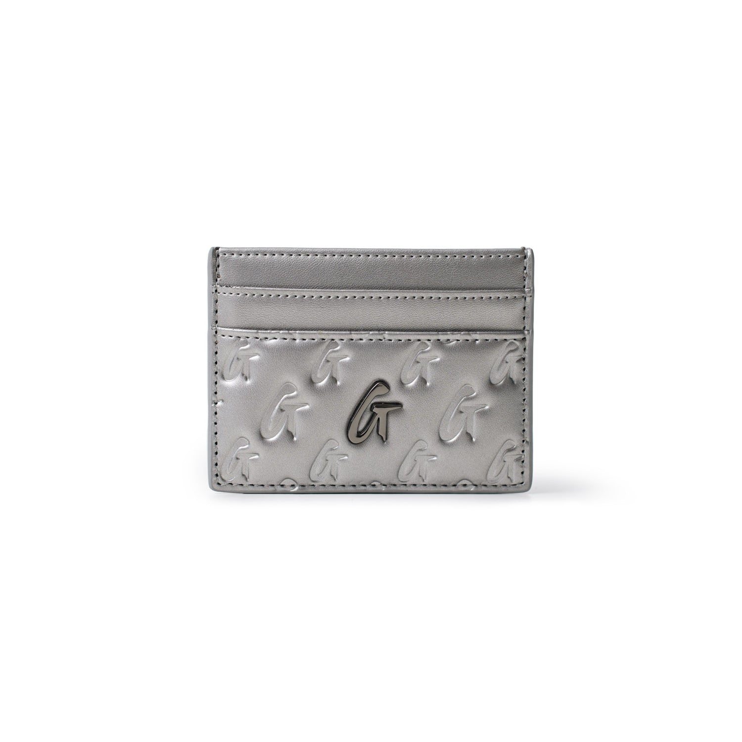 Gunmetal silver card holder with embossed G logo pattern and a metal G emblem, featuring multiple card slots.