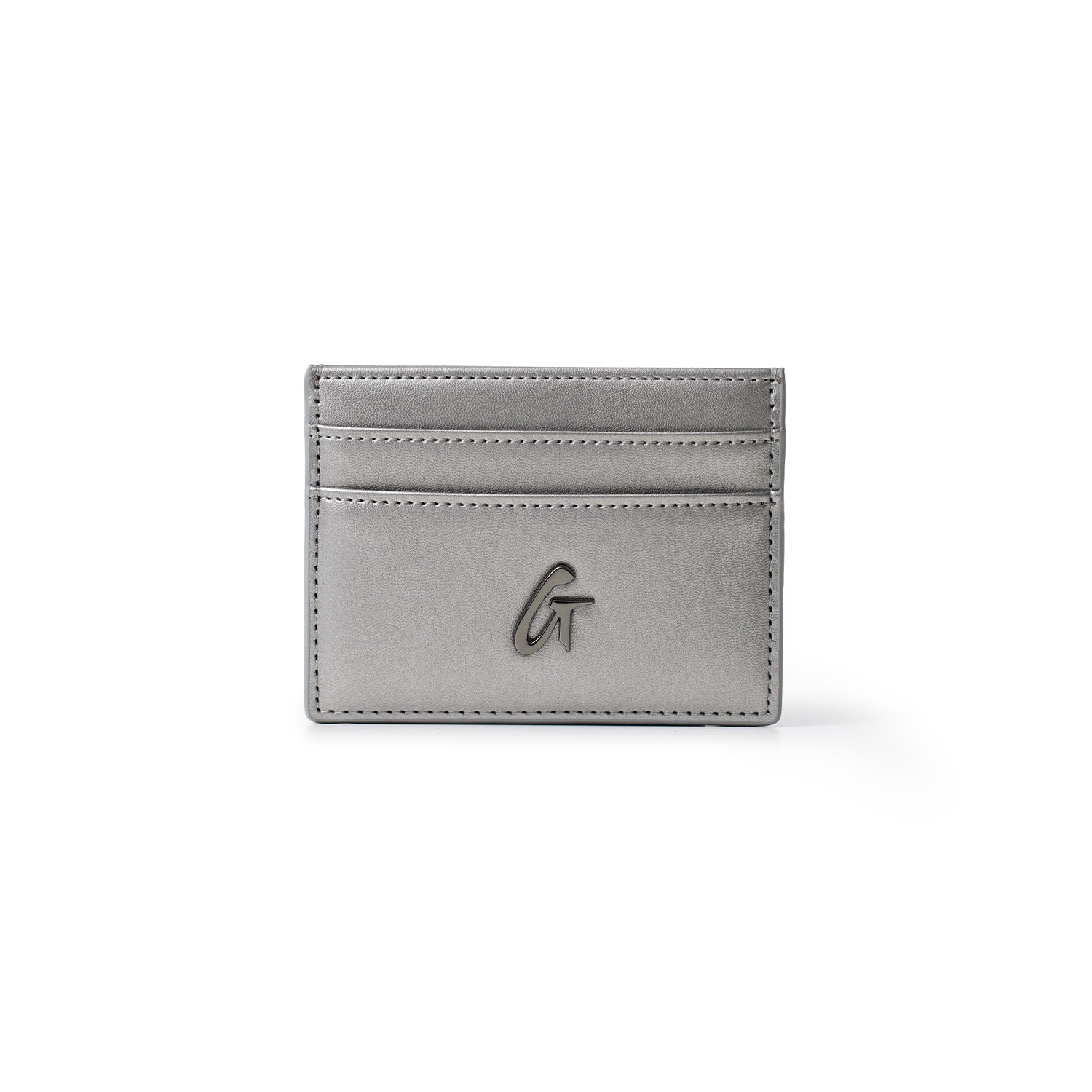 Gunmetal gray card holder with multiple card slots, a sleek design, and a metallic logo on the front.