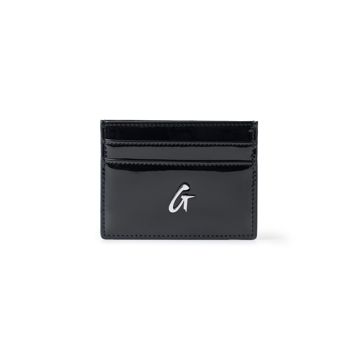 Black mirror finish card holder with silver logo, featuring multiple card slots and a sleek, compact design.