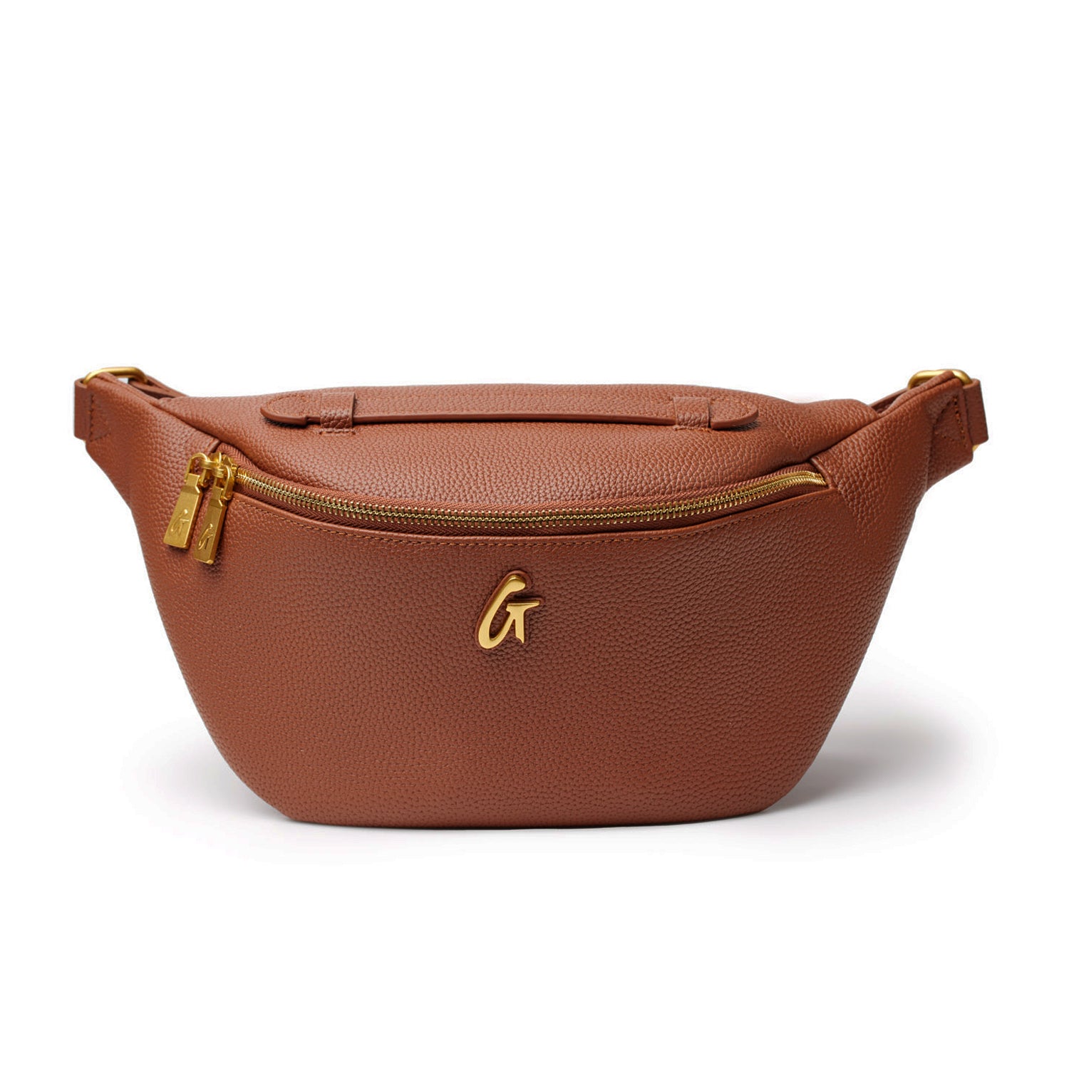 Brown Pebble Fanny Pack with gold zipper and logo, featuring a sleek, textured design and adjustable strap.