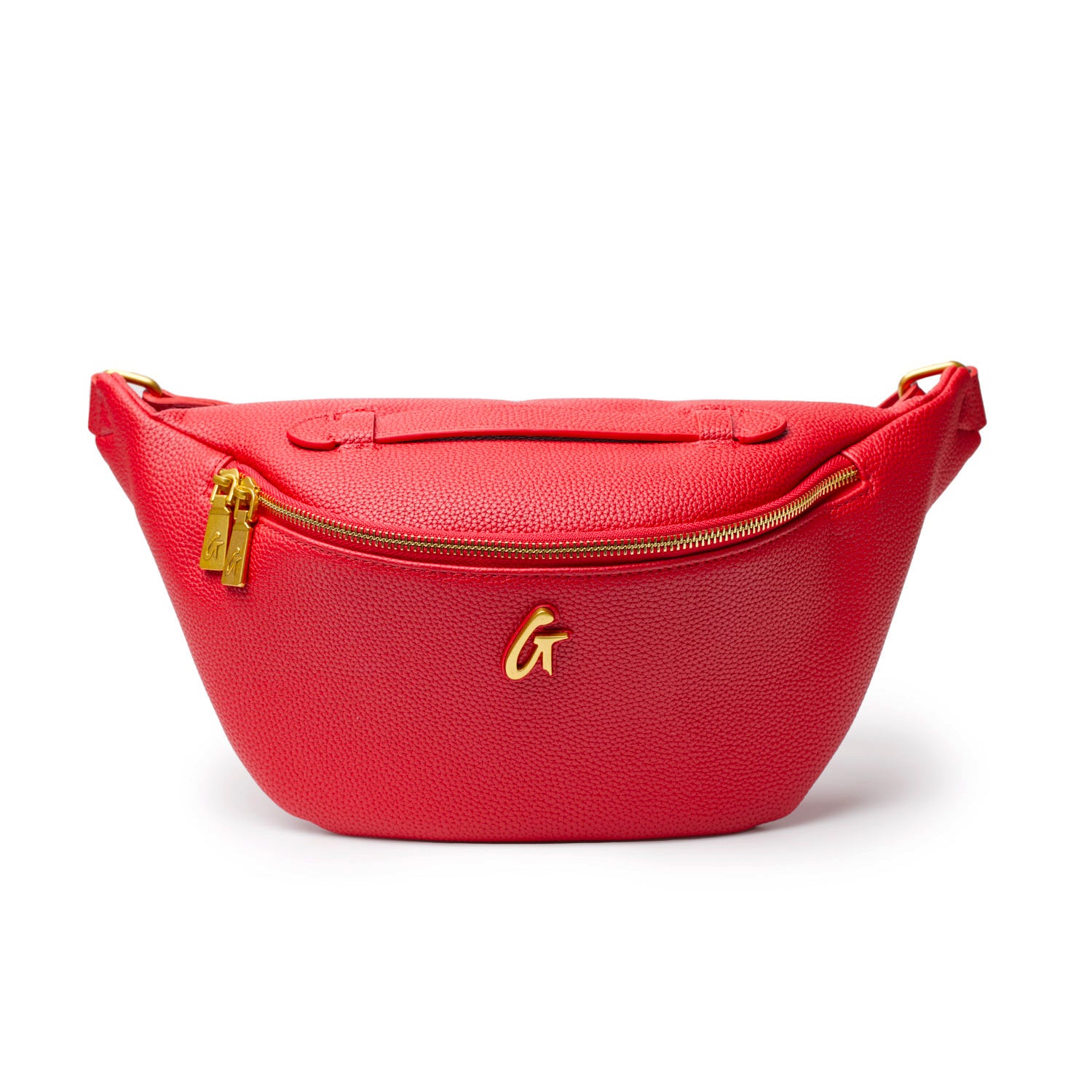 Red Pebble Fanny Pack with gold zipper, logo detail, and adjustable strap, perfect for casual outings.
