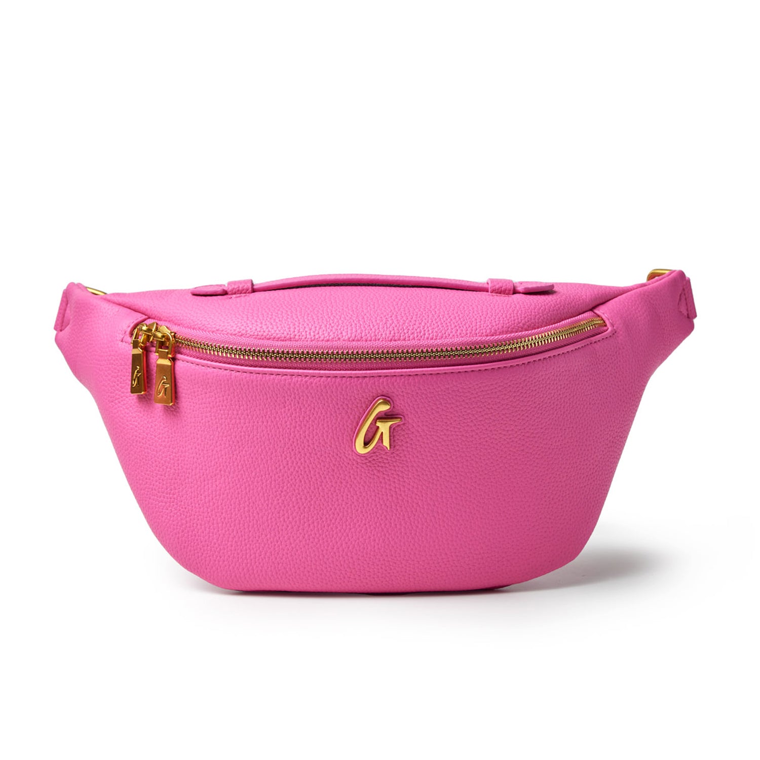 Pink Pebble Fanny Pack with gold zipper and logo, stylish accessory for casual and sporty outfits.