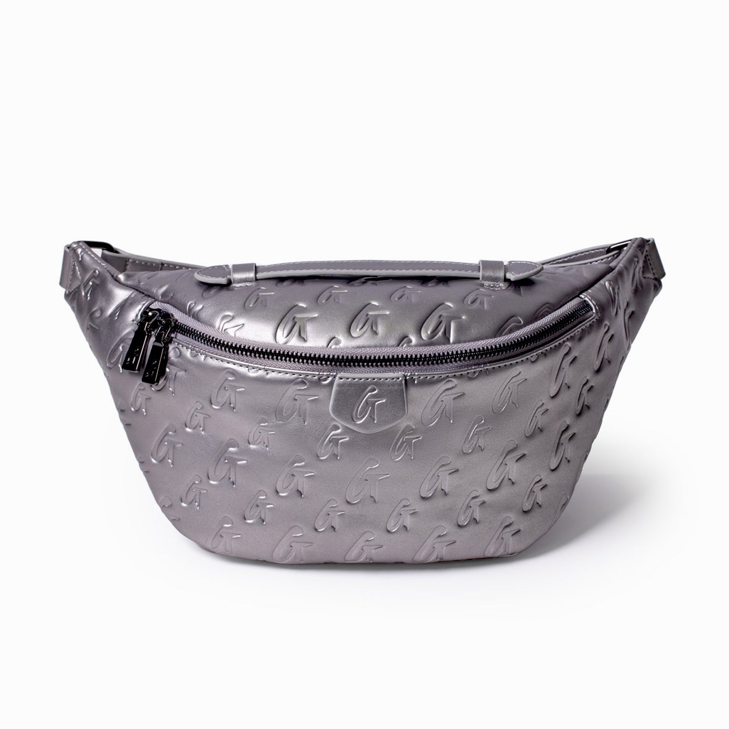 Silver Monogram Fanny Pack with embossed logo pattern, front zipper pocket, and adjustable strap.