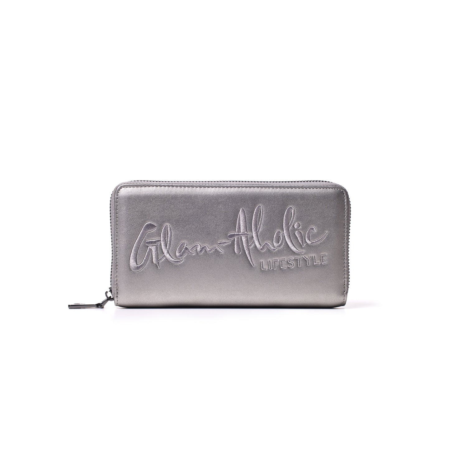 Silver wallet with "Glam Athleisure Lifestyle" embroidered in cursive and block letters, featuring a zip closure.