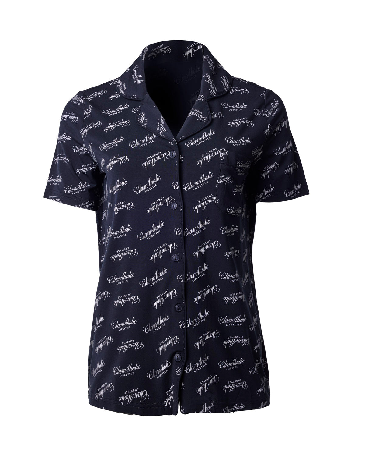 Black short-sleeve pajama shirt featuring a stylish all-over logo print, designed for comfort and luxury.