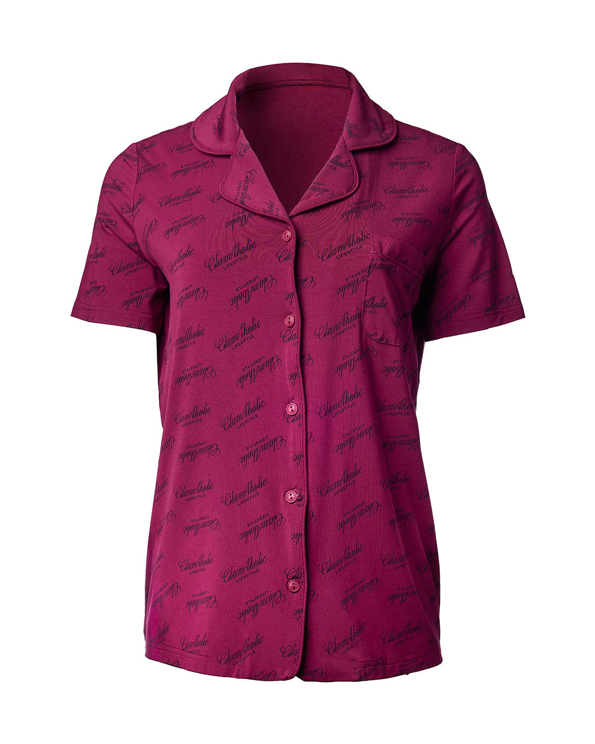 Burgundy short pajama set featuring a button-up top with a pocket and an all-over logo print for a chic, comfortable look.
