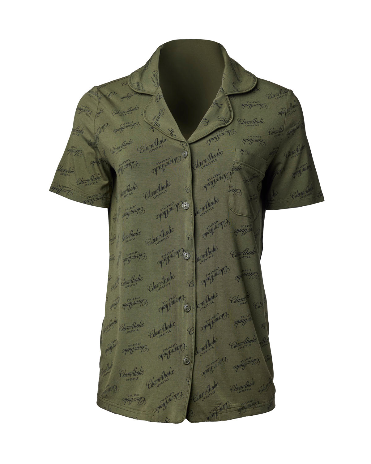 Green pajama short set featuring a stylish button-up shirt with a subtle logo pattern, perfect for comfortable lounging.