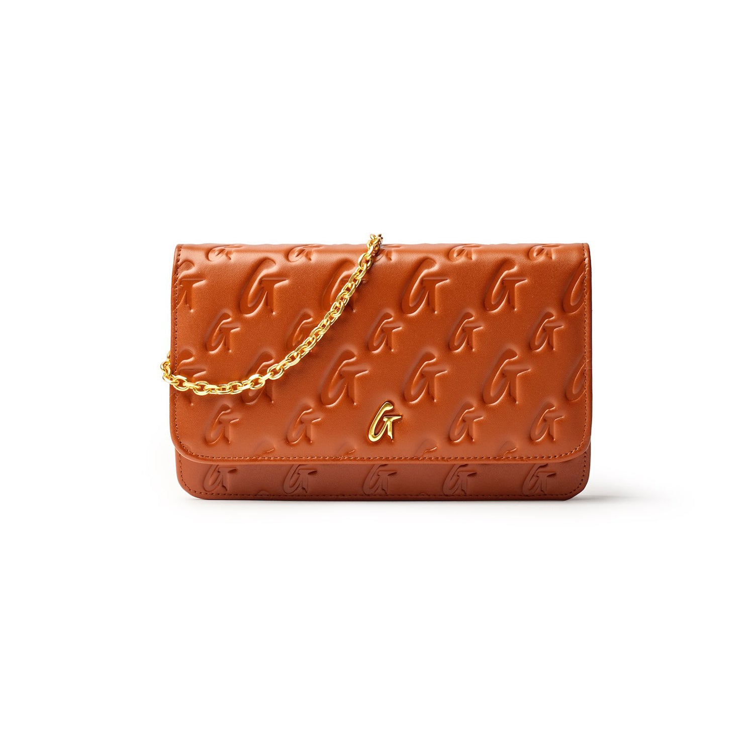 Brown Monogram Gold WOC handbag with embossed logo pattern and a gold chain strap.
