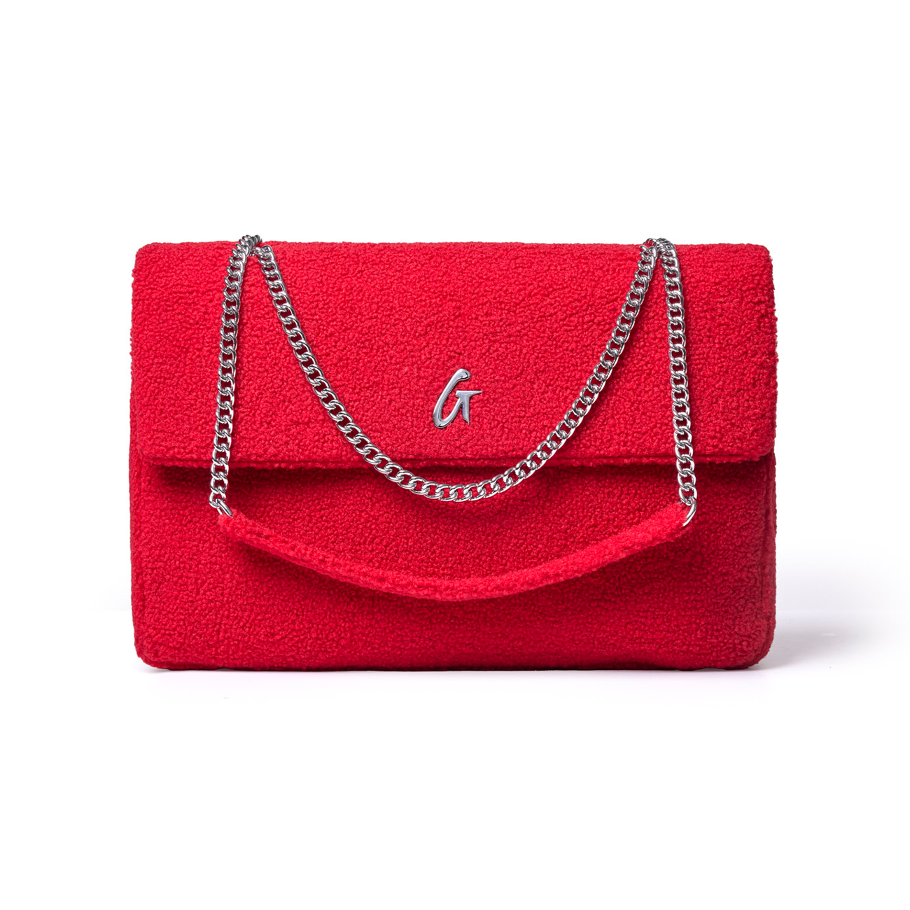 XL red teddy flap bag featuring a plush texture and silver chain strap, perfect for stylish, affordable luxury.