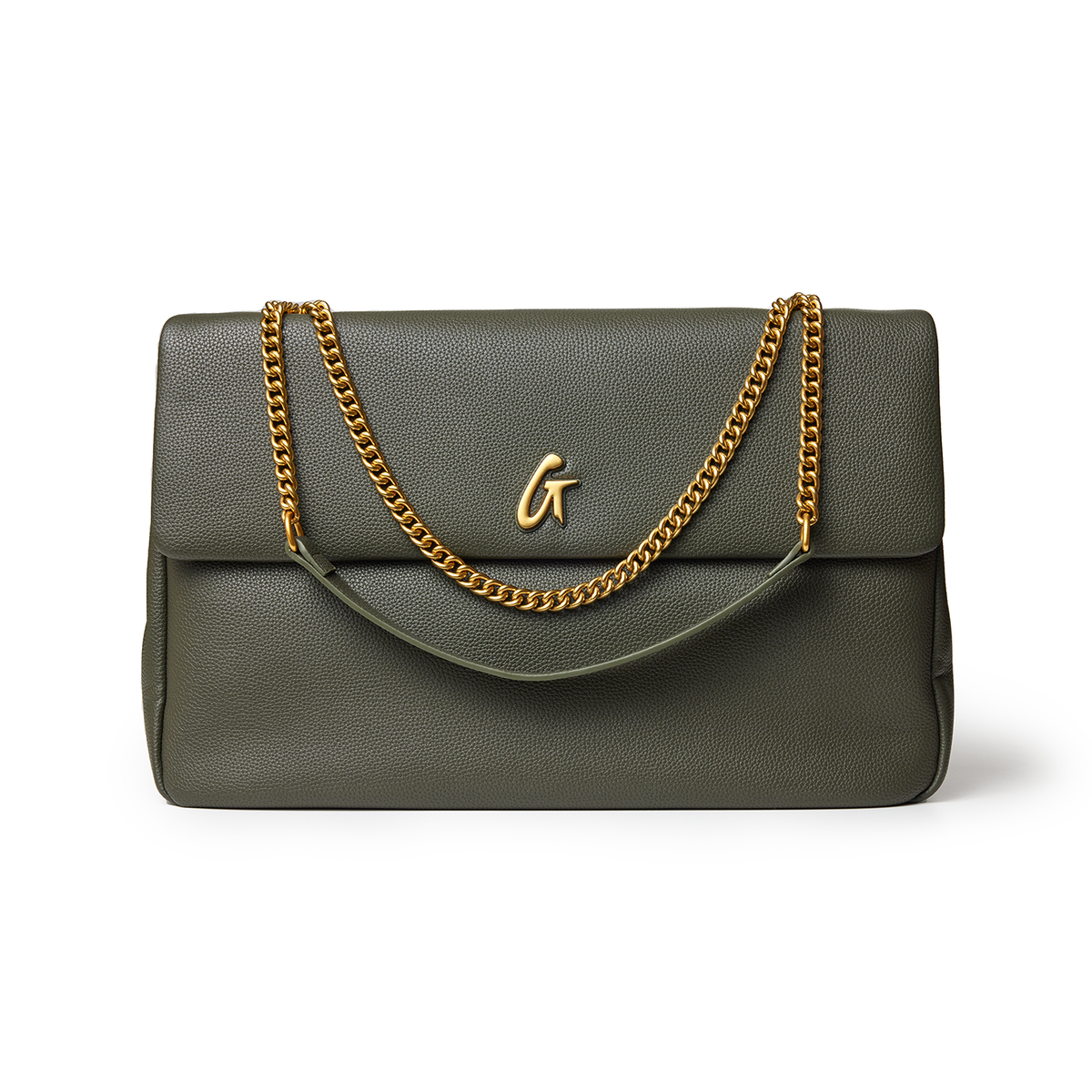 Olive green XL pebble flap bag with gold chain strap and a gold "G" logo on the front.