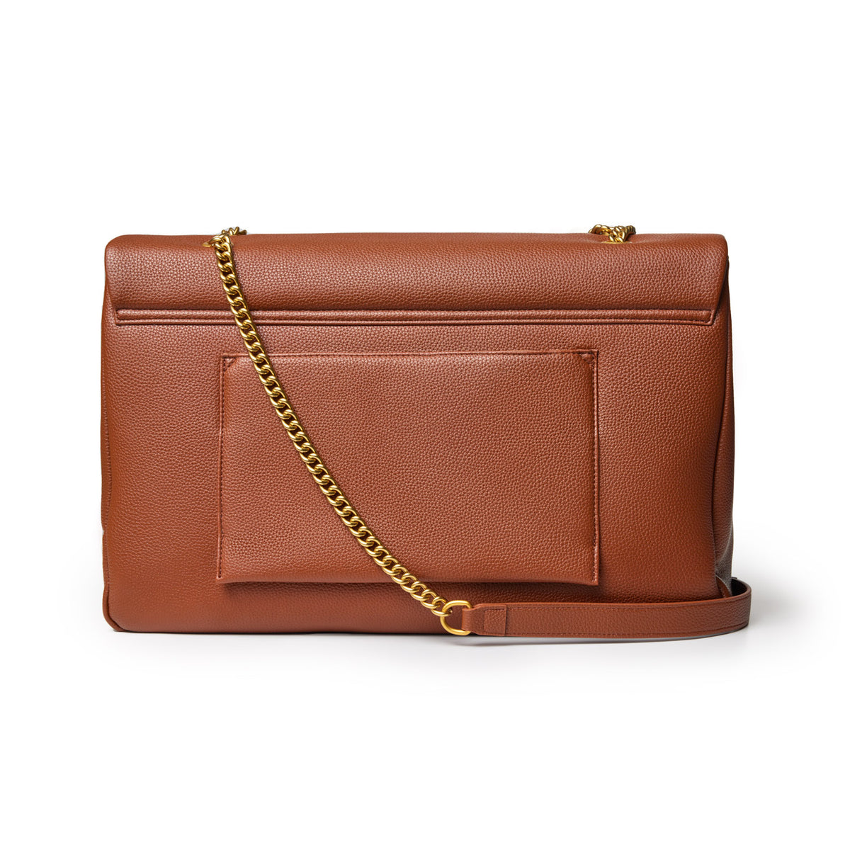 Large brown pebble leather flap bag with a front pocket and a gold chain strap.