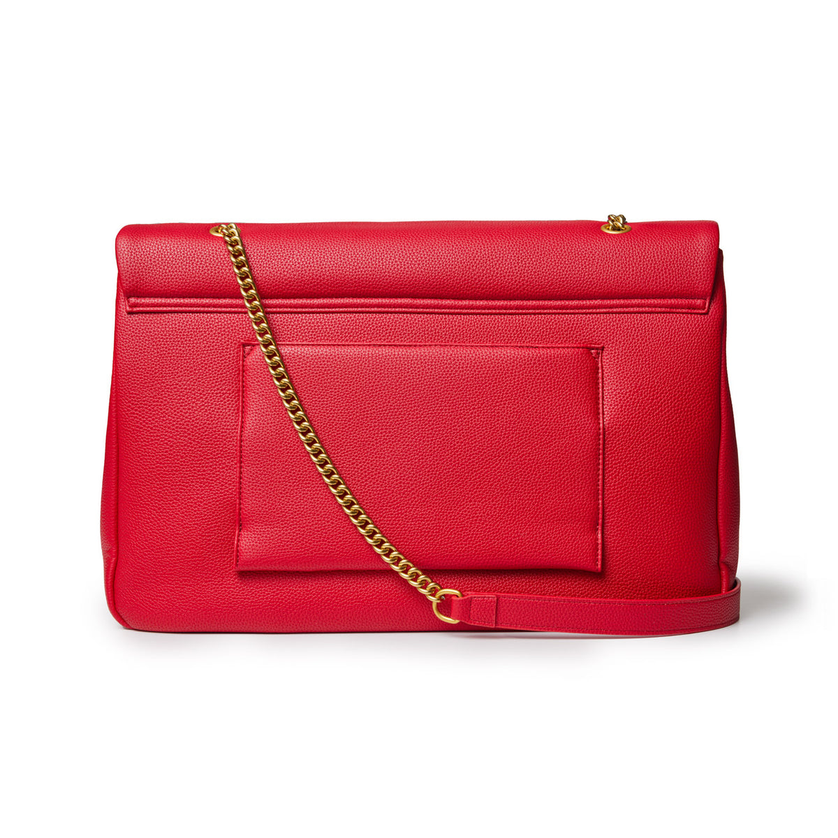 Red XL Pebble Flap Bag with a front pocket and gold chain strap, made of textured pebbled leather.